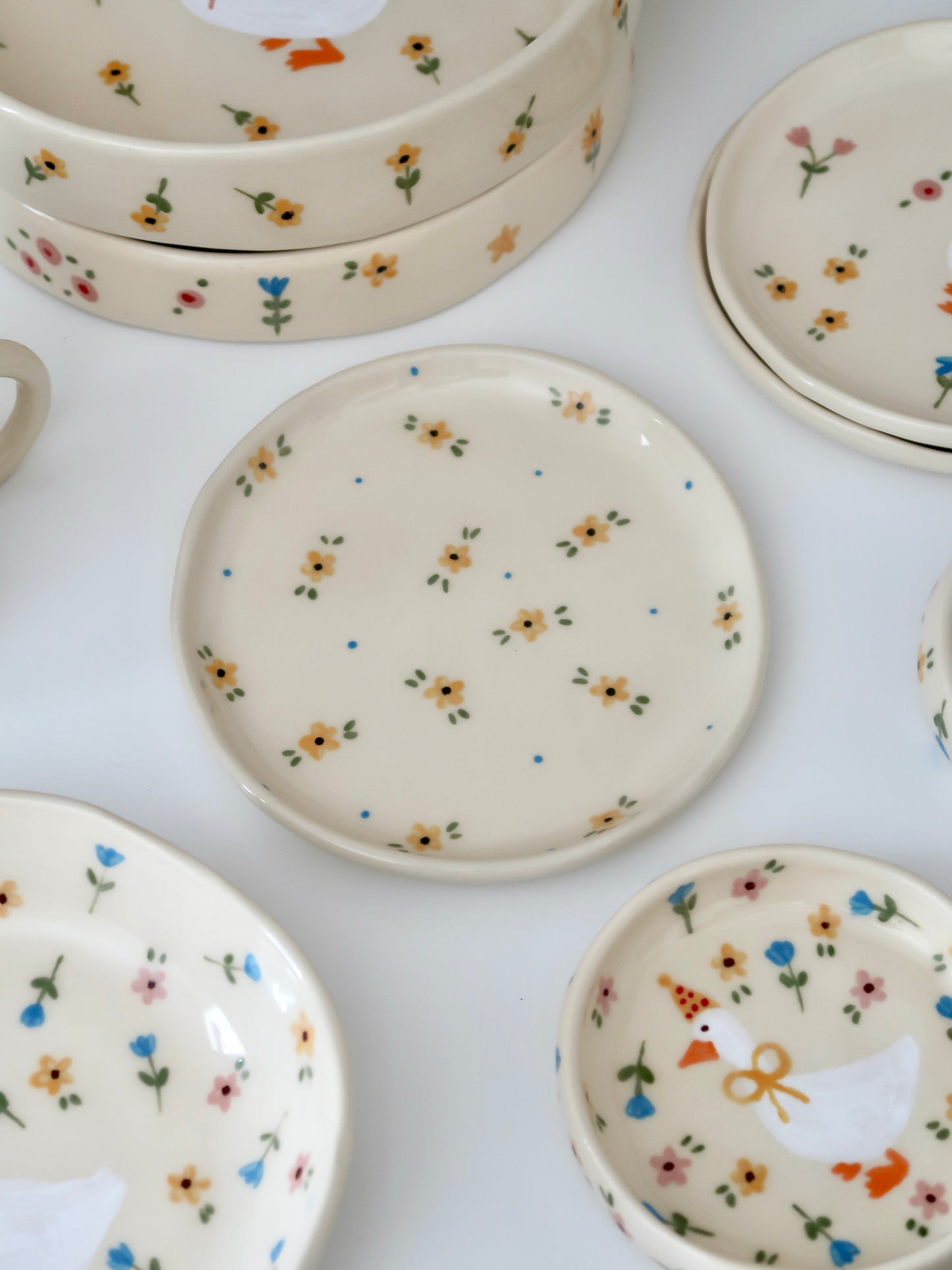 Breakfast/dessert plate with yellow flowers and blue dots