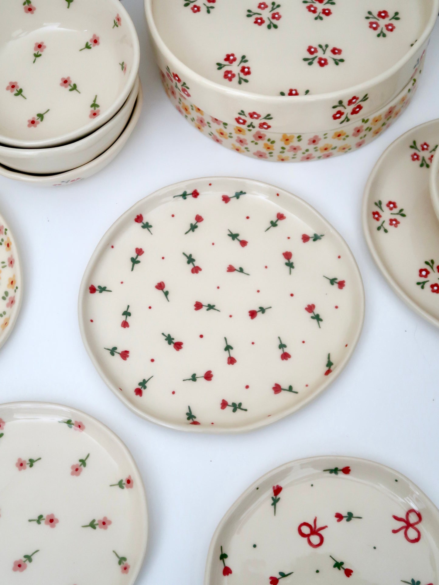 Plate with red flowers and red dots