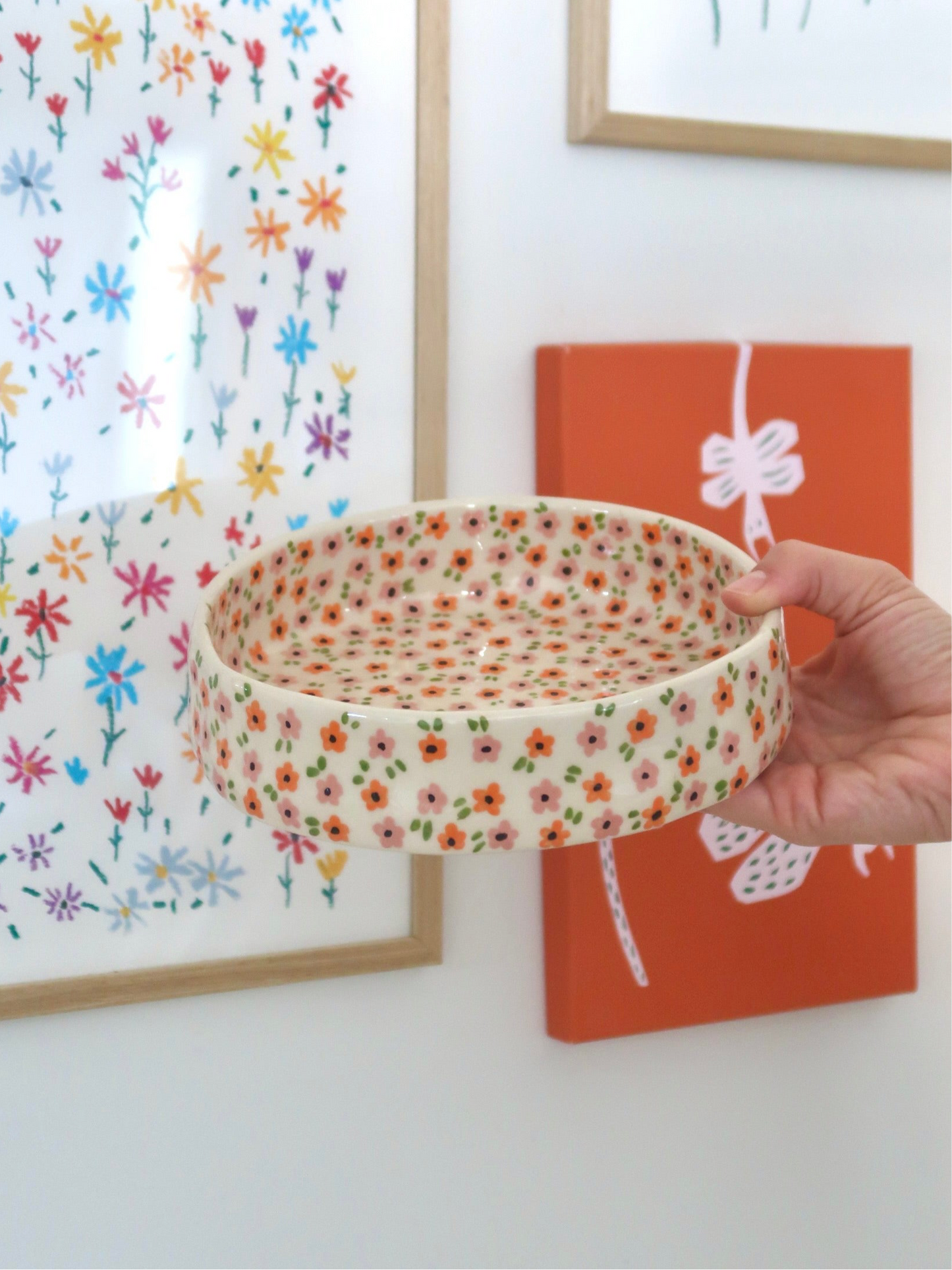 Bowl with pink and orange flowers - medium size