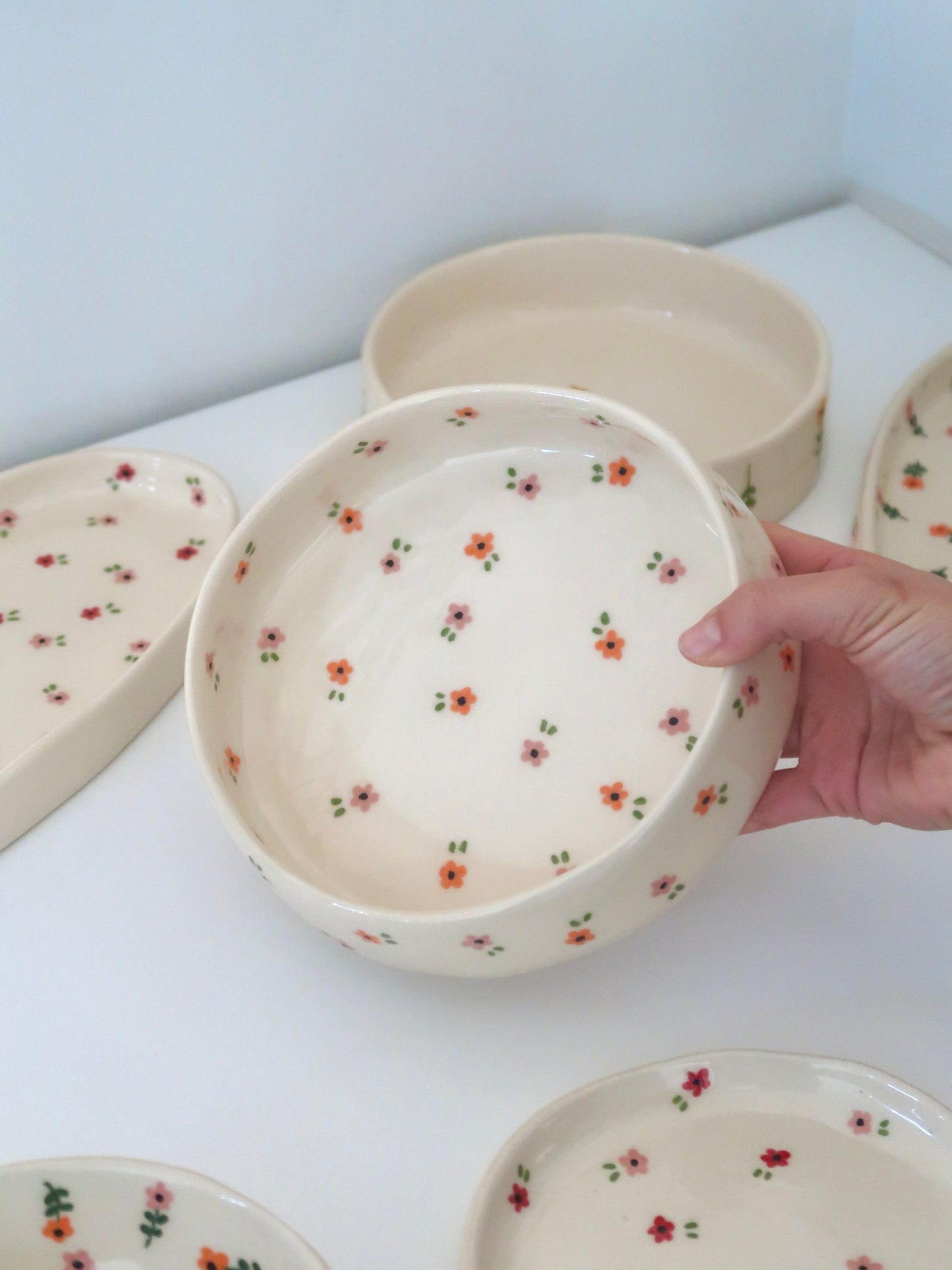 Bowl with pink and orange flowers - medium size