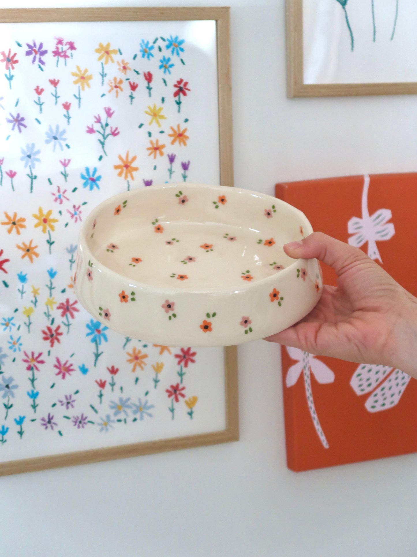Bowl with pink and orange flowers - medium size