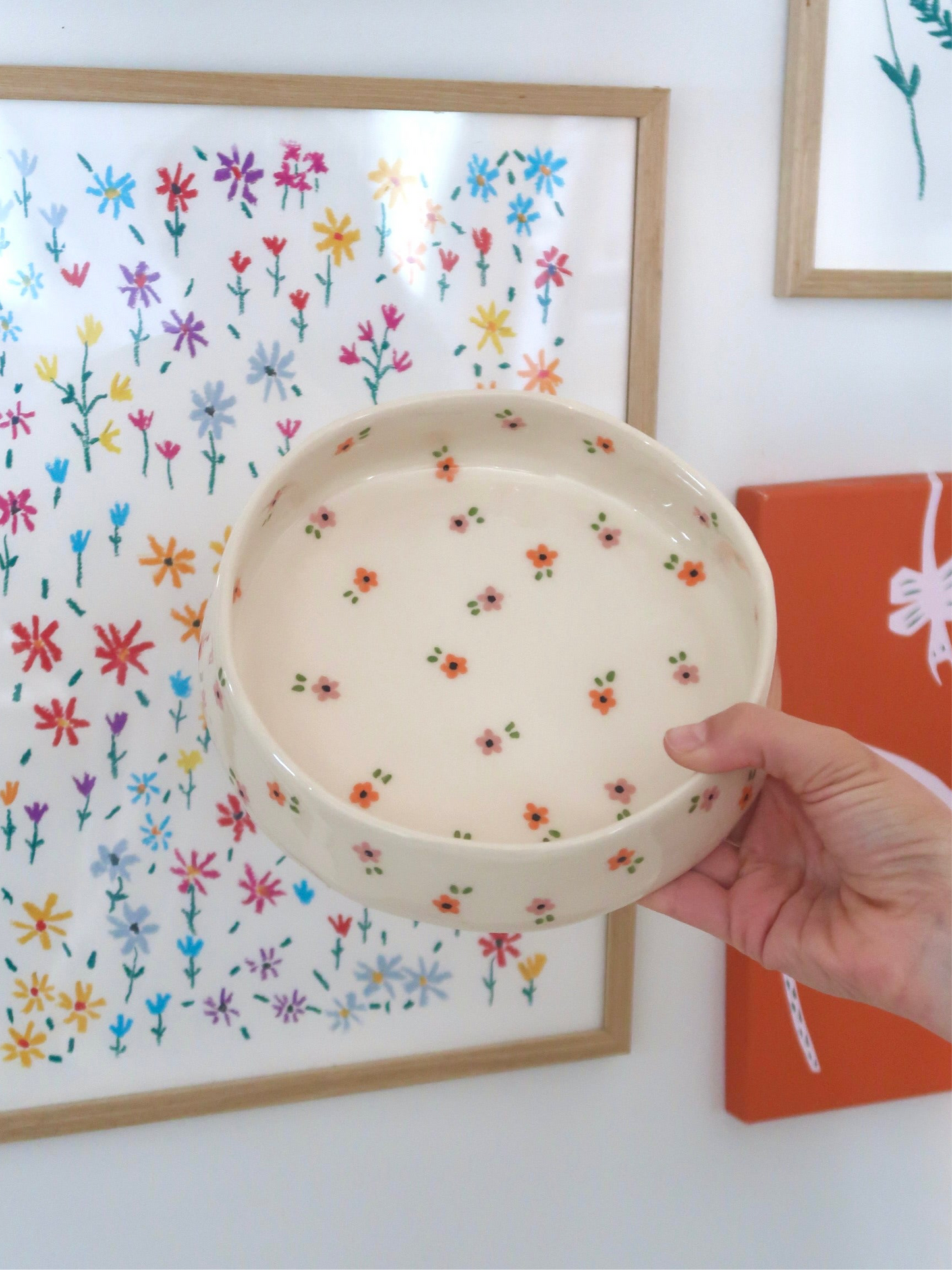 Bowl with pink and orange flowers - medium size