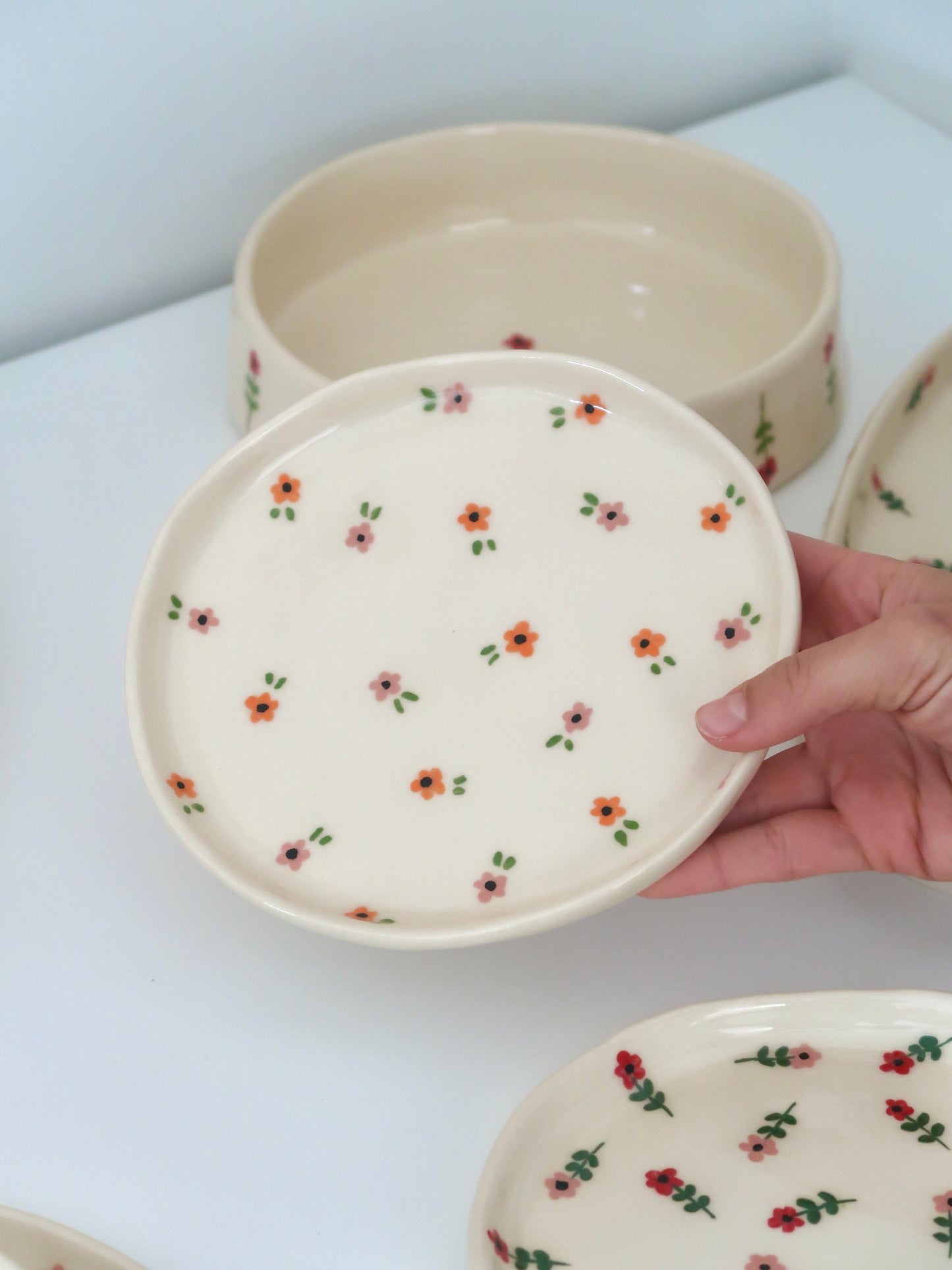 Breakfast/ dessert plate with pink and orange flowers