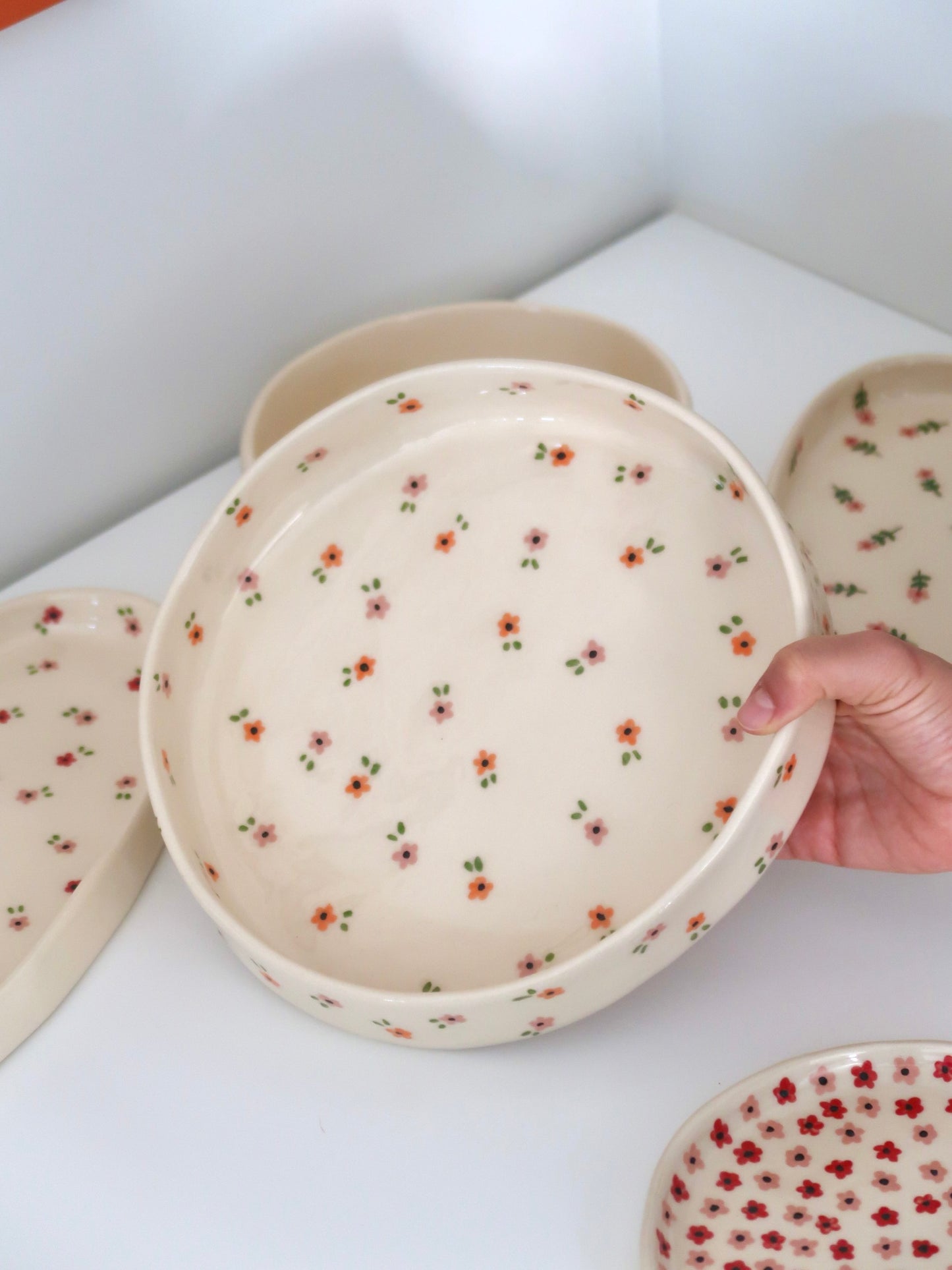 Large bowl with pink and orange flowers