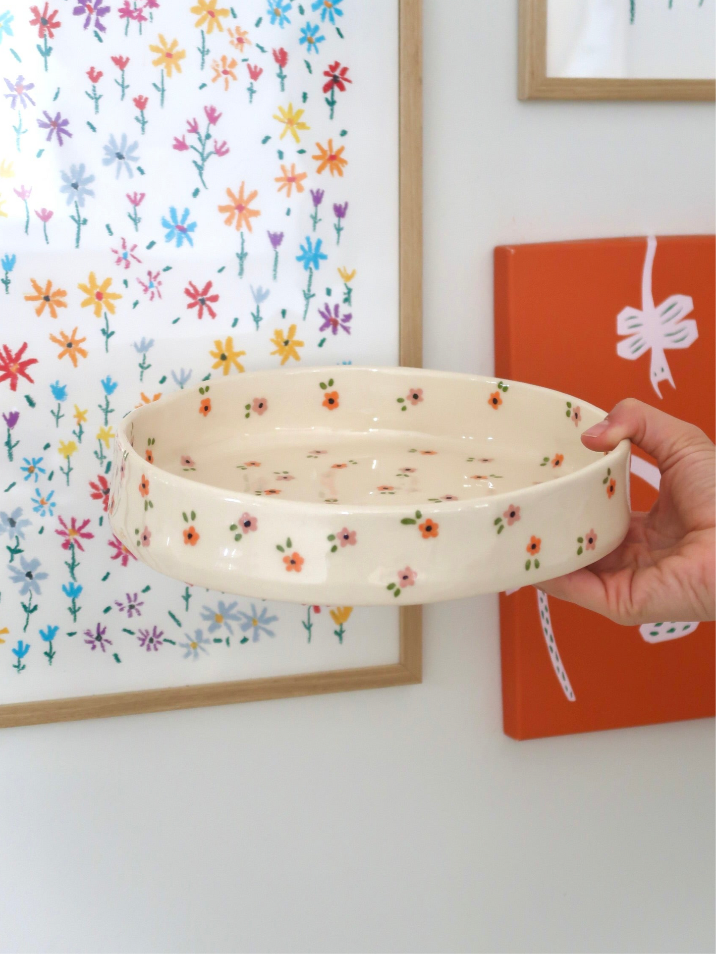 Large bowl with pink and orange flowers