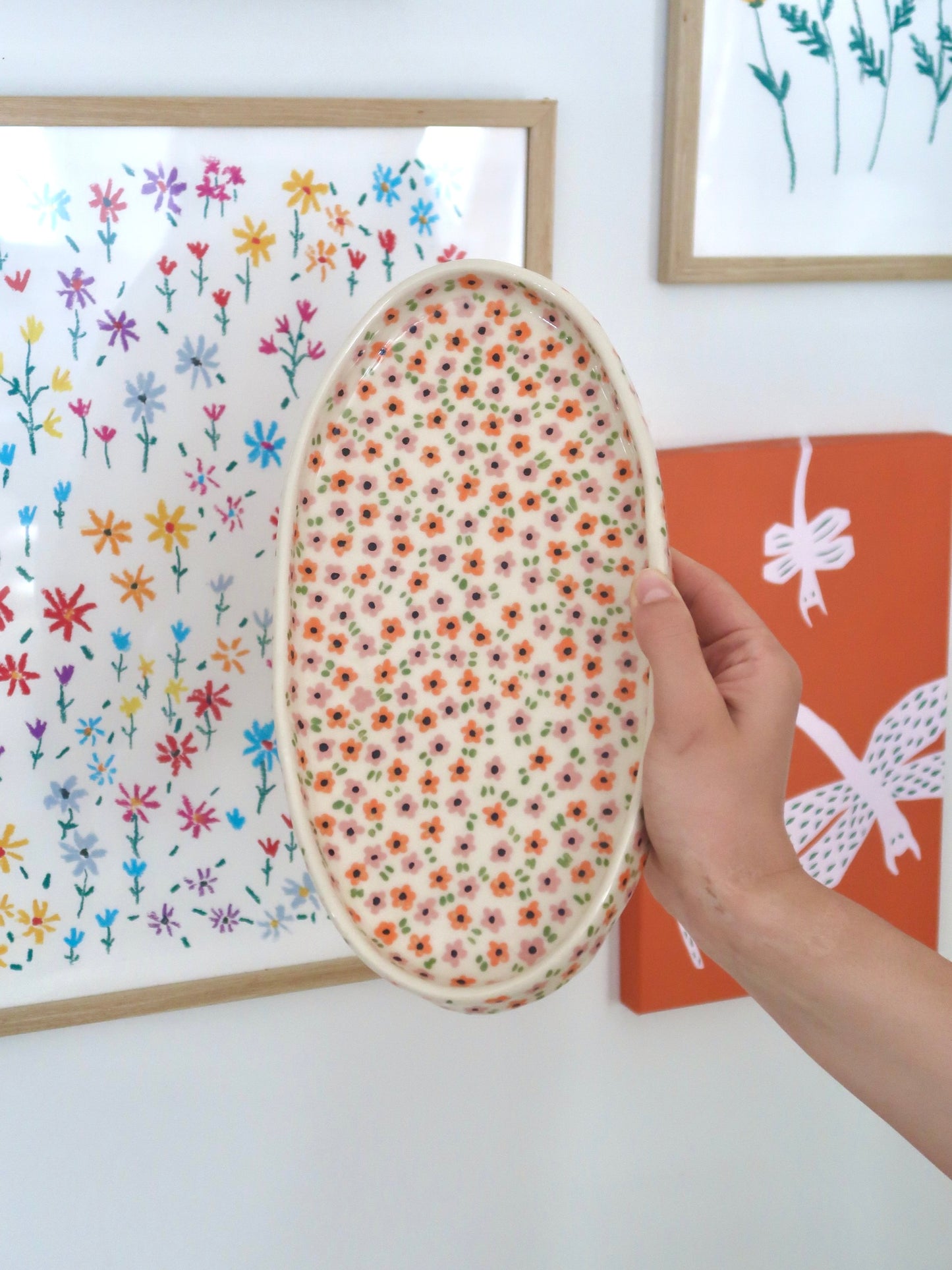 Platter with pink and orange flowers