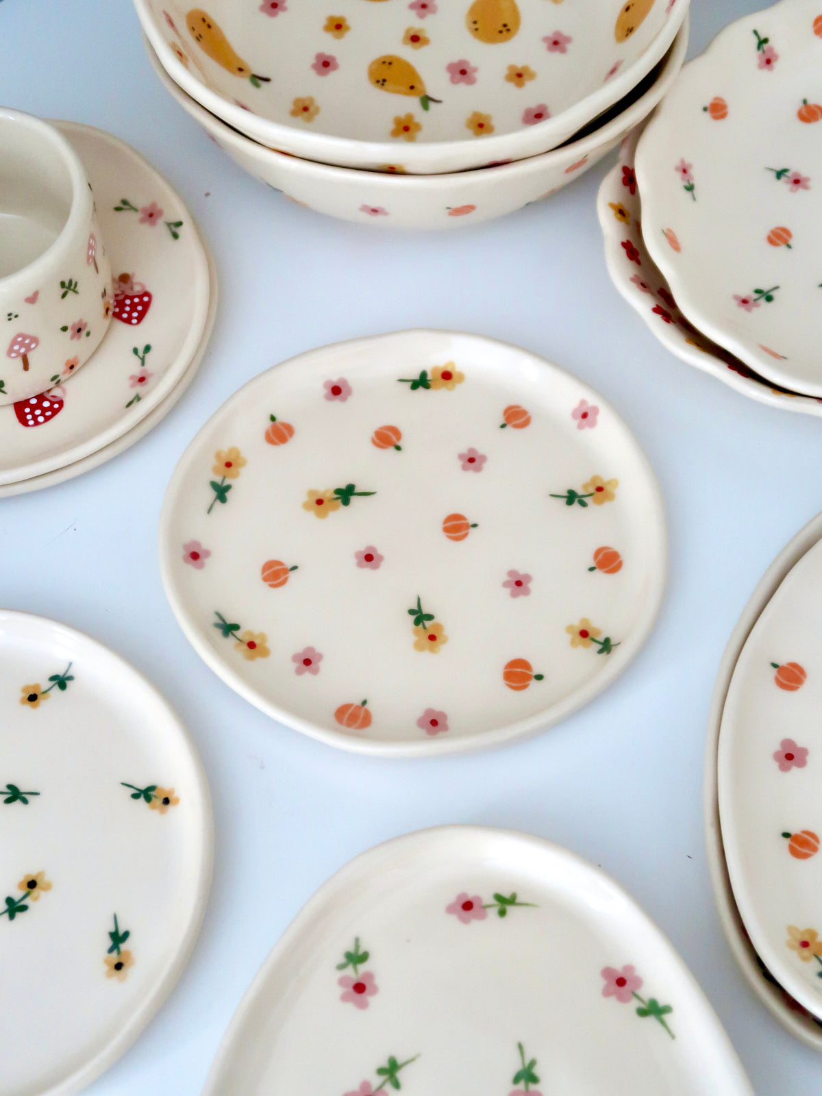 Breakfast/Dessert plate with pumpkins, yellow and pink flowers