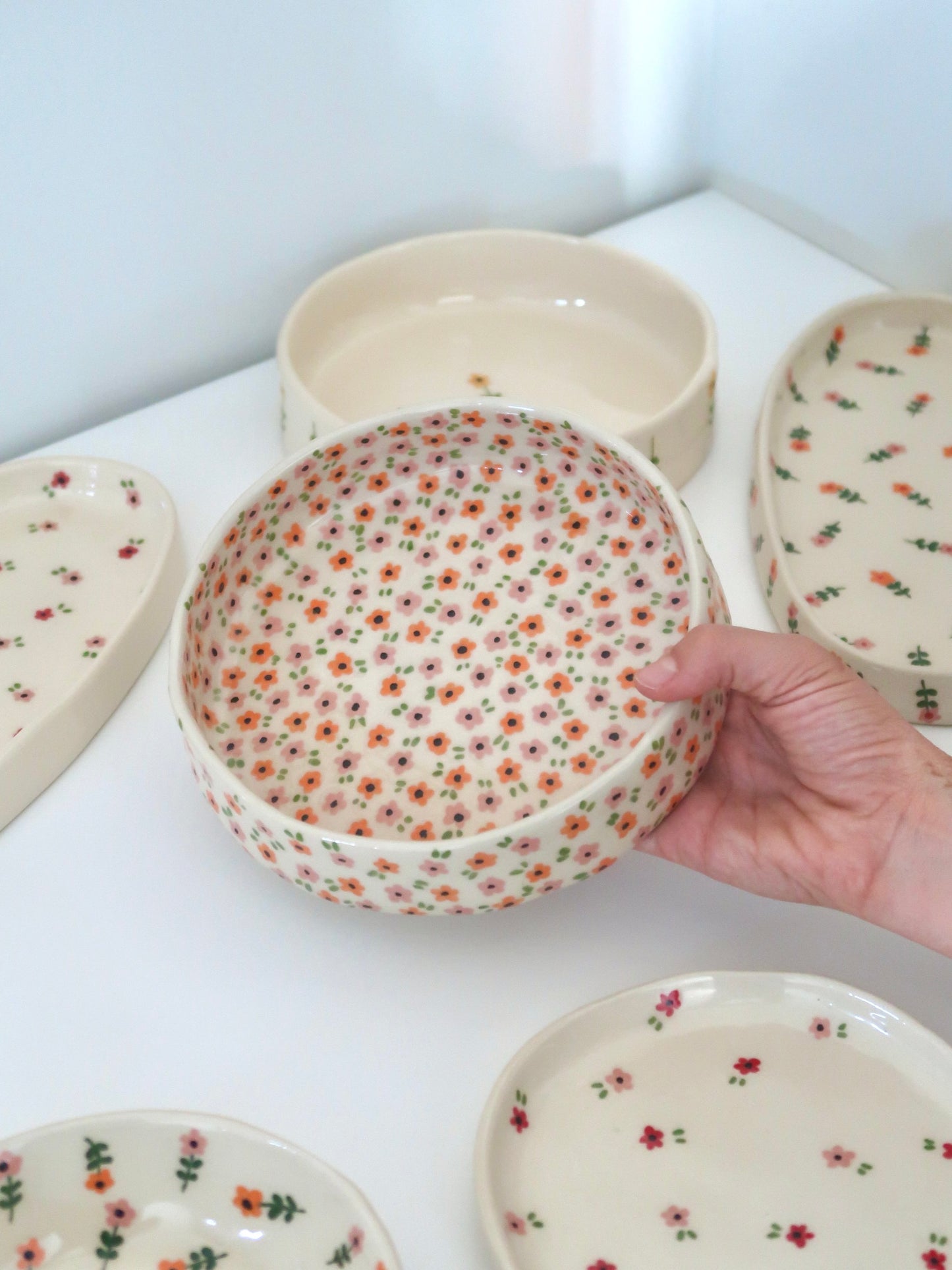 Bowl with pink and orange flowers - medium size