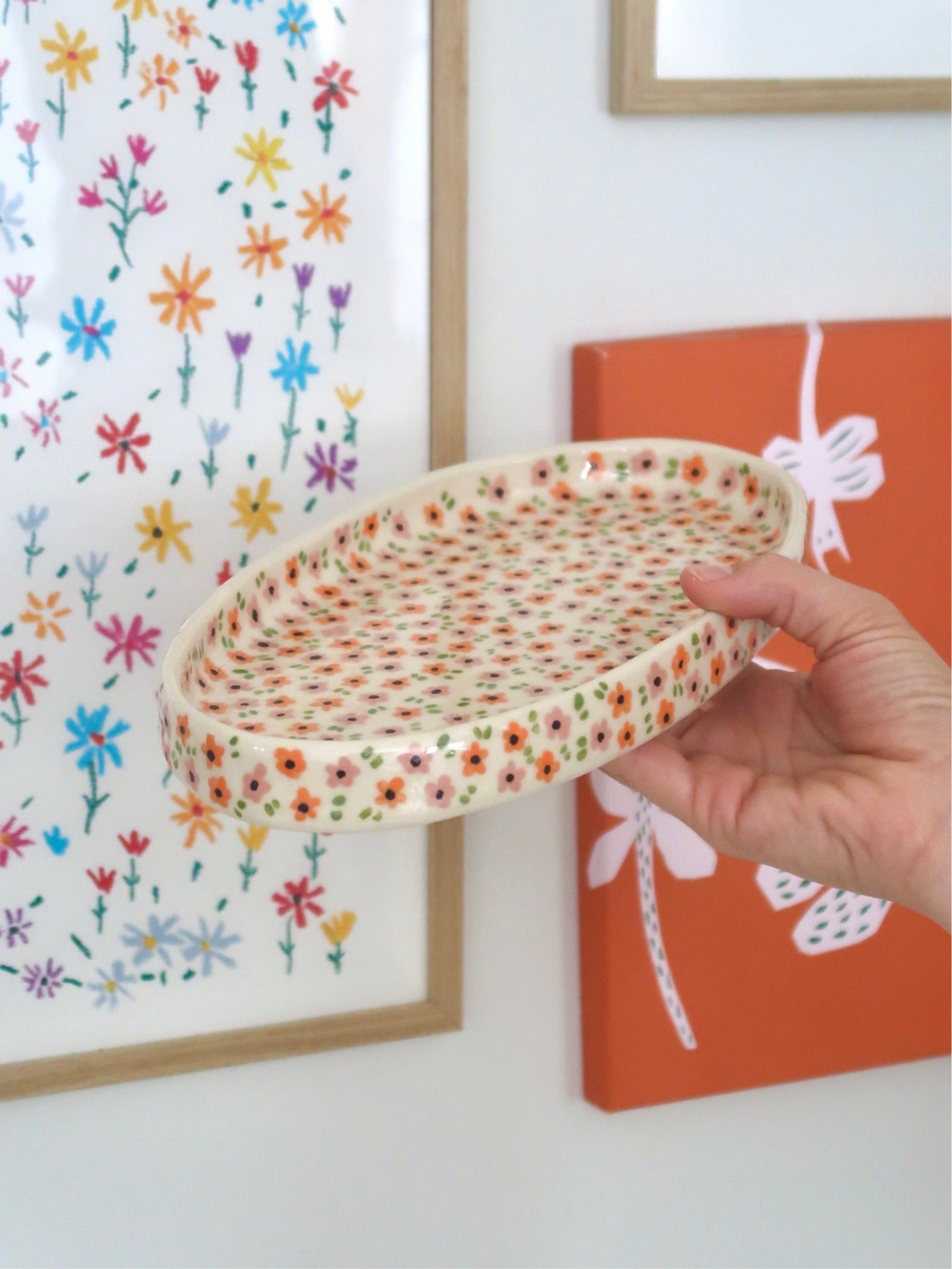 Platter with pink and orange flowers