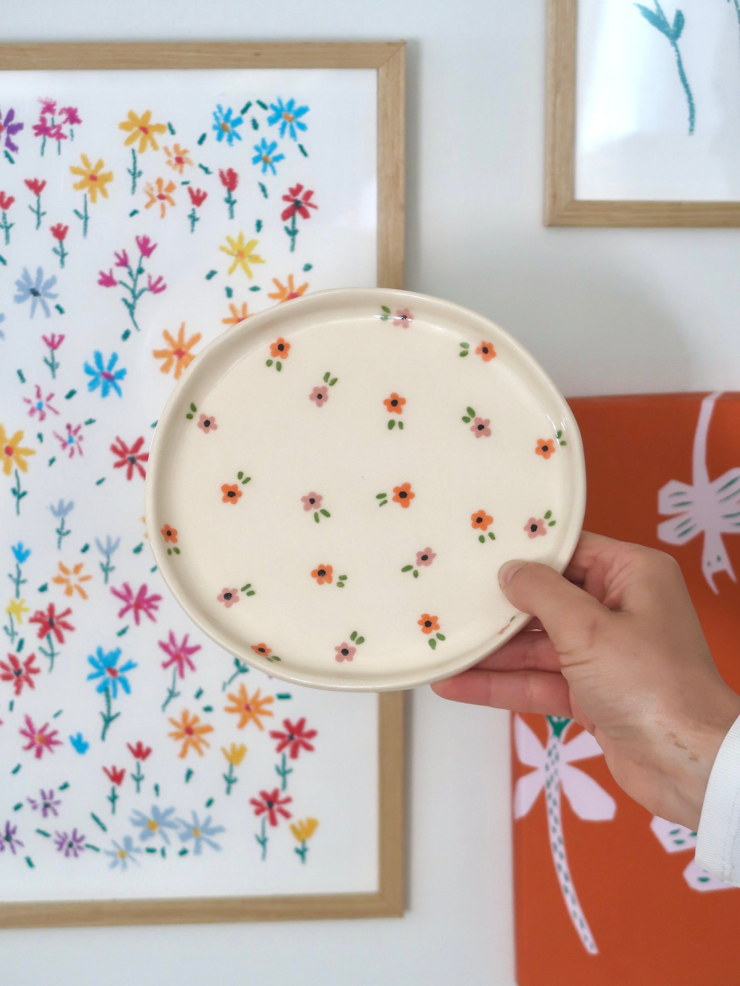 Breakfast/ dessert plate with pink and orange flowers