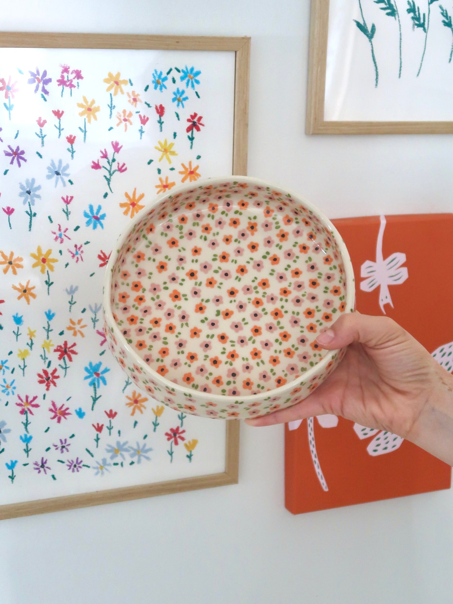 Bowl with pink and orange flowers - medium size