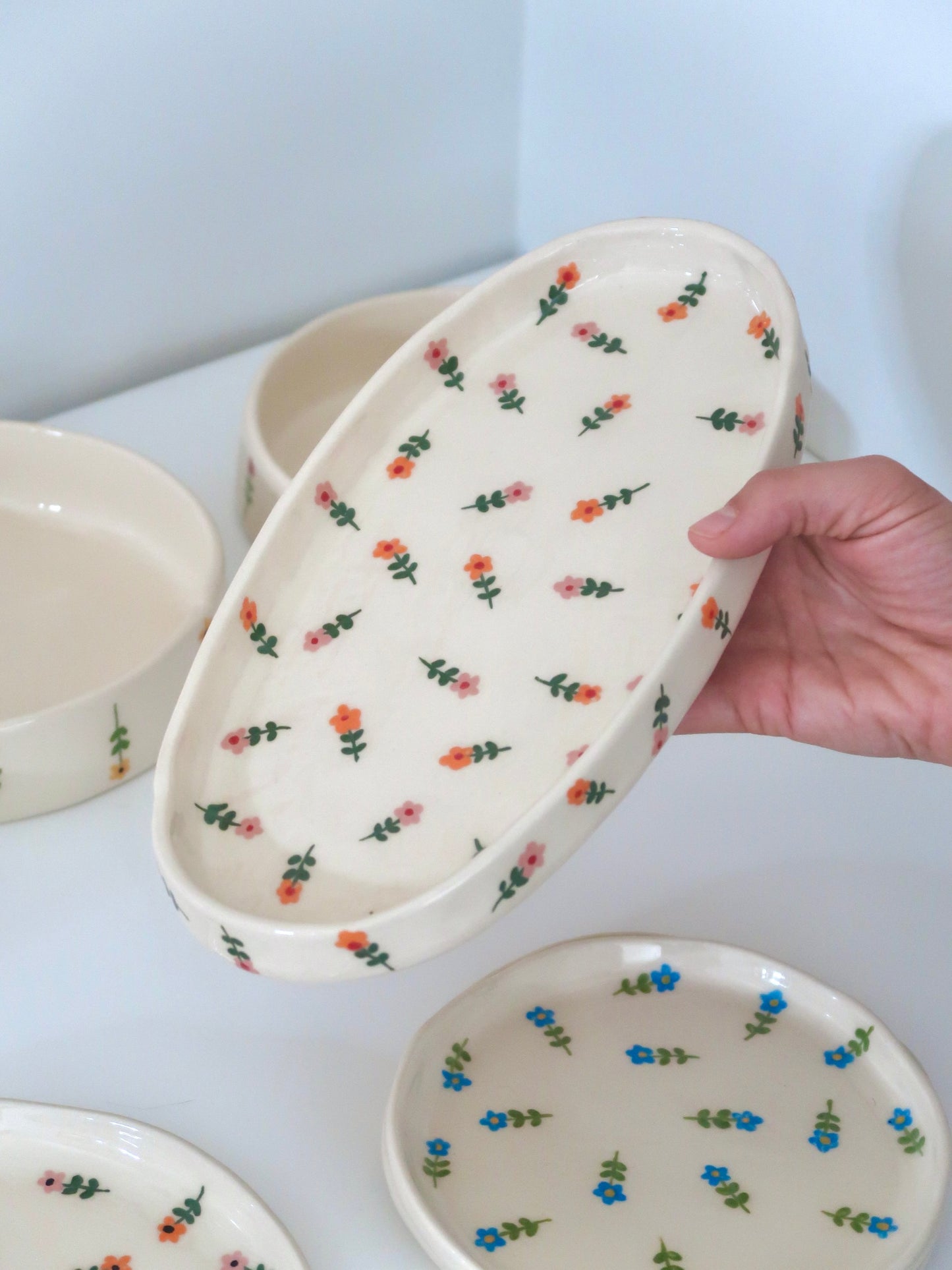Platter with pink and orange flowers