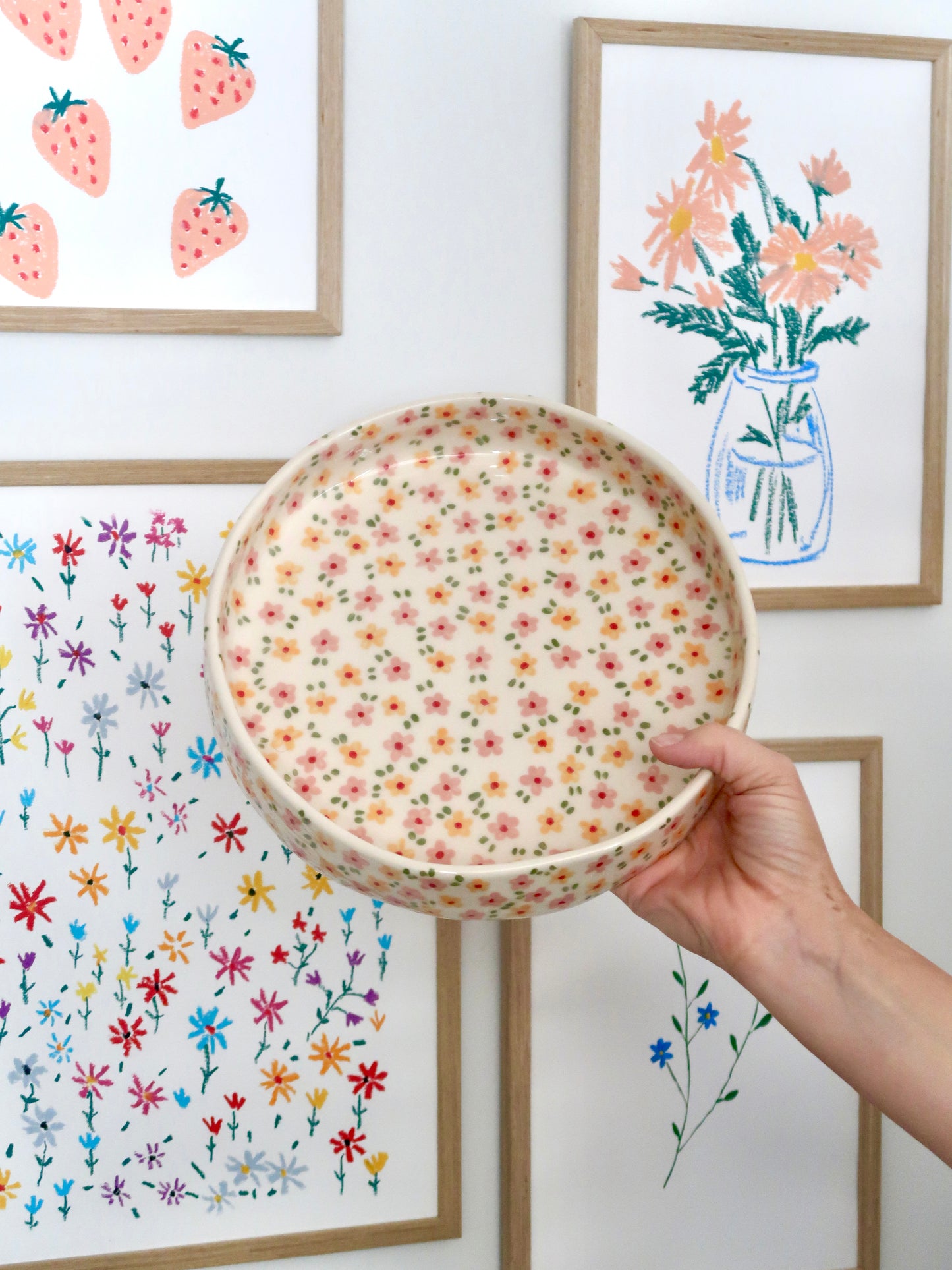Small imperfection - Large bowl with yellow and pink flowers