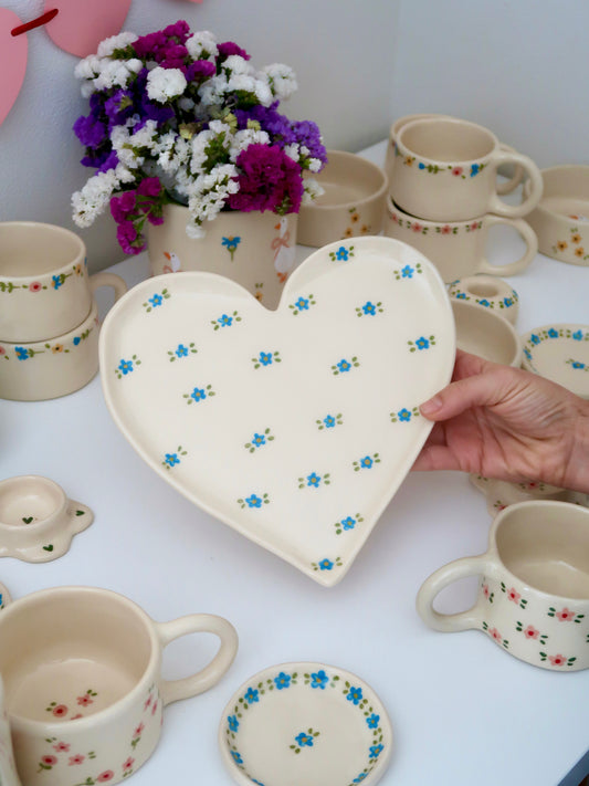 Large heart shaped plate with blue flowers (small imperfection)