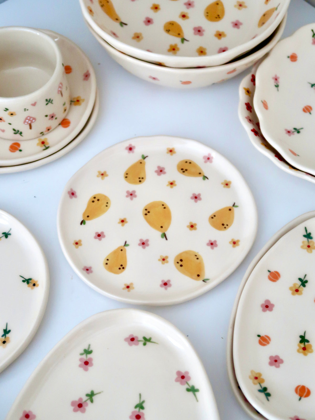 Breakfast/Dessert plate with pears, yellow and pink flowers