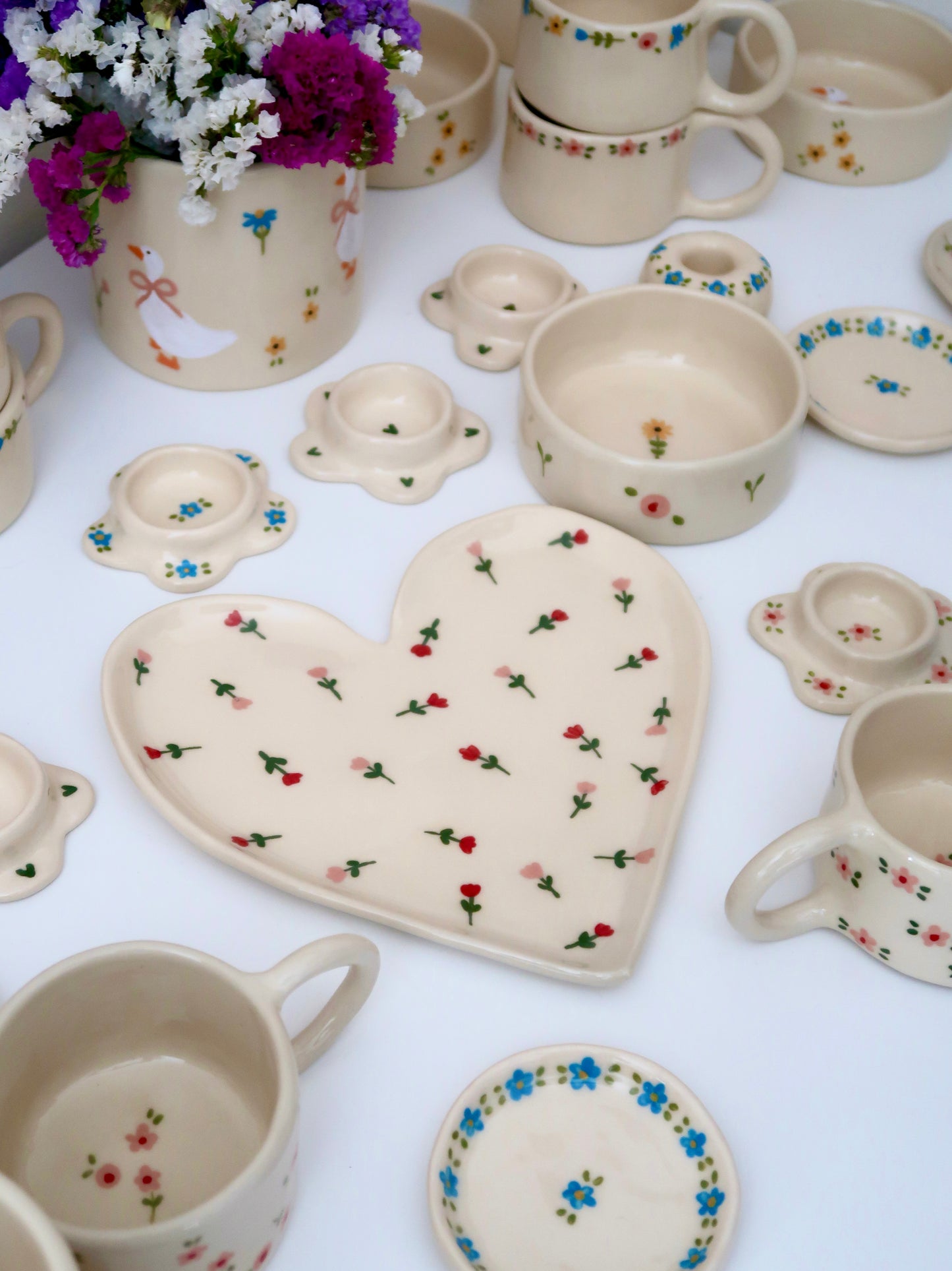 Large heart shaped plate with pink and red flowers