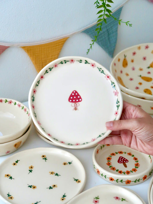 Breakfast/Dessert plate with a mushroom and pink flowers