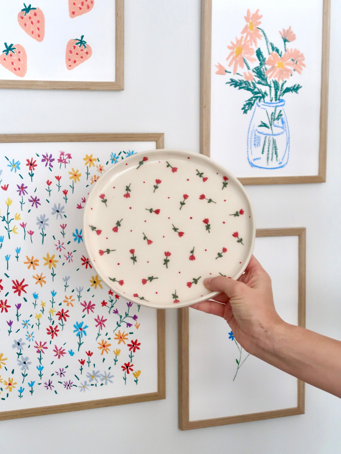 Plate with red flowers and red dots