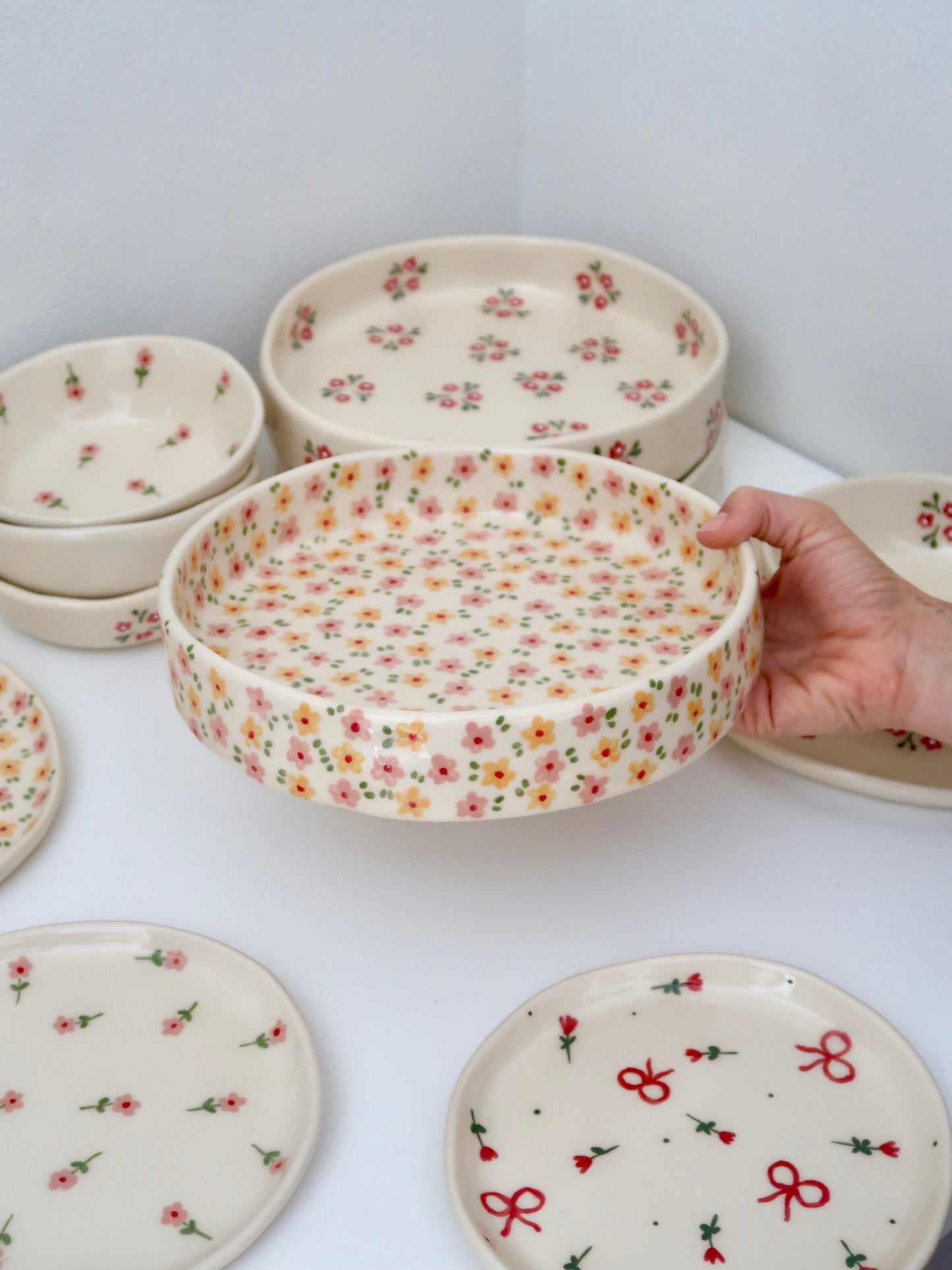 Small imperfection - Large bowl with yellow and pink flowers