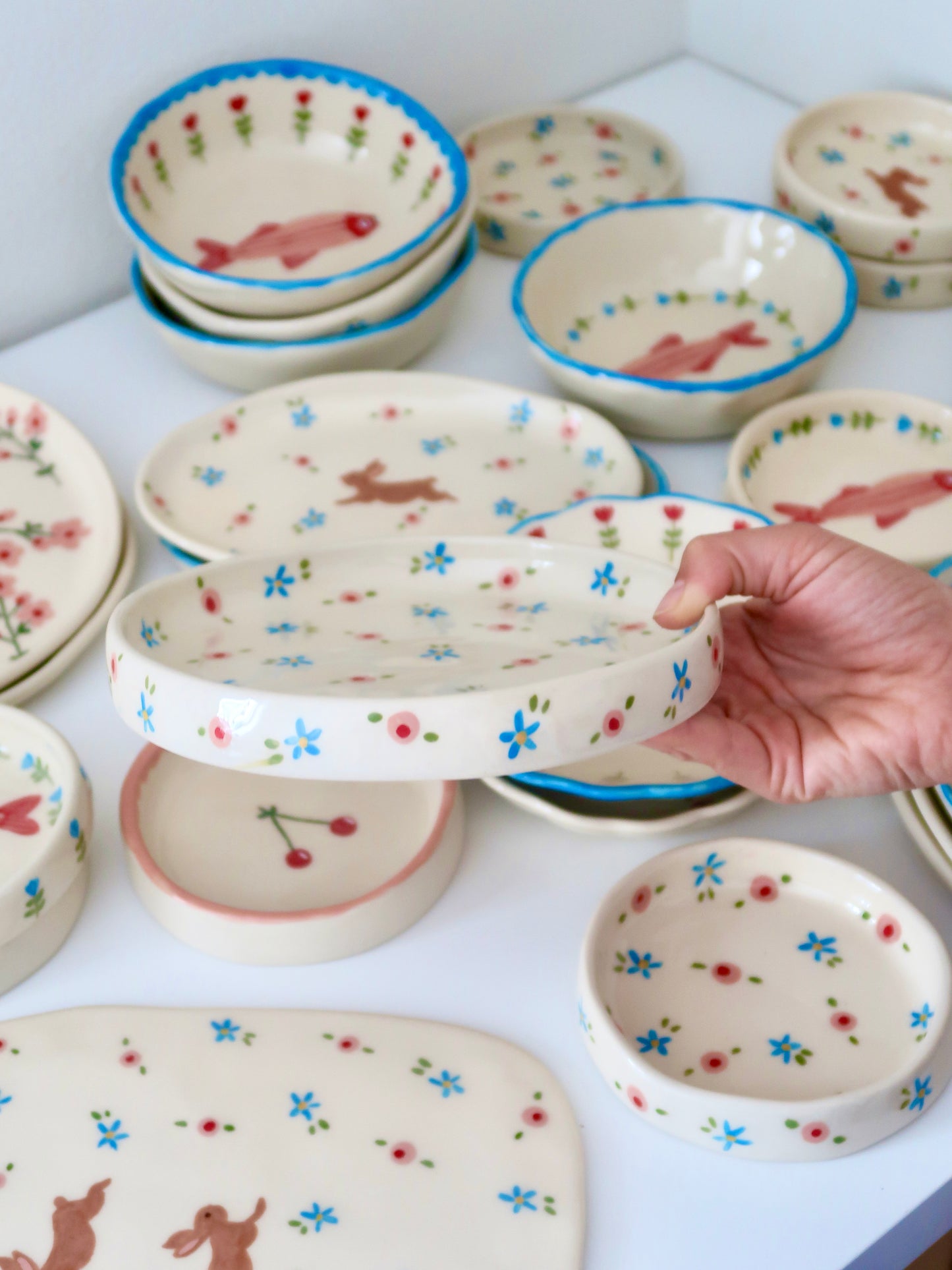 High edge plate with pink and blue flowers