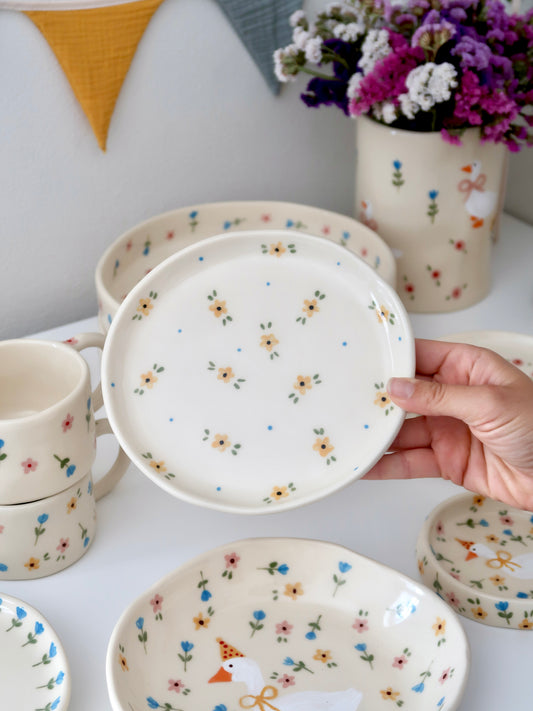 Breakfast/dessert plate with yellow flowers and blue dots