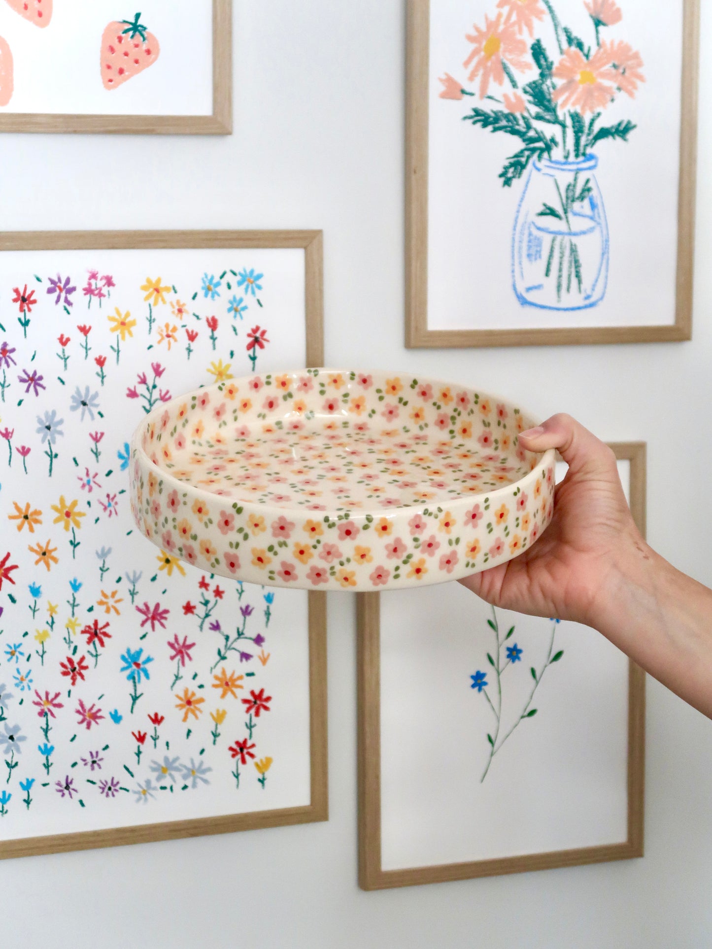 Small imperfection - Large bowl with yellow and pink flowers
