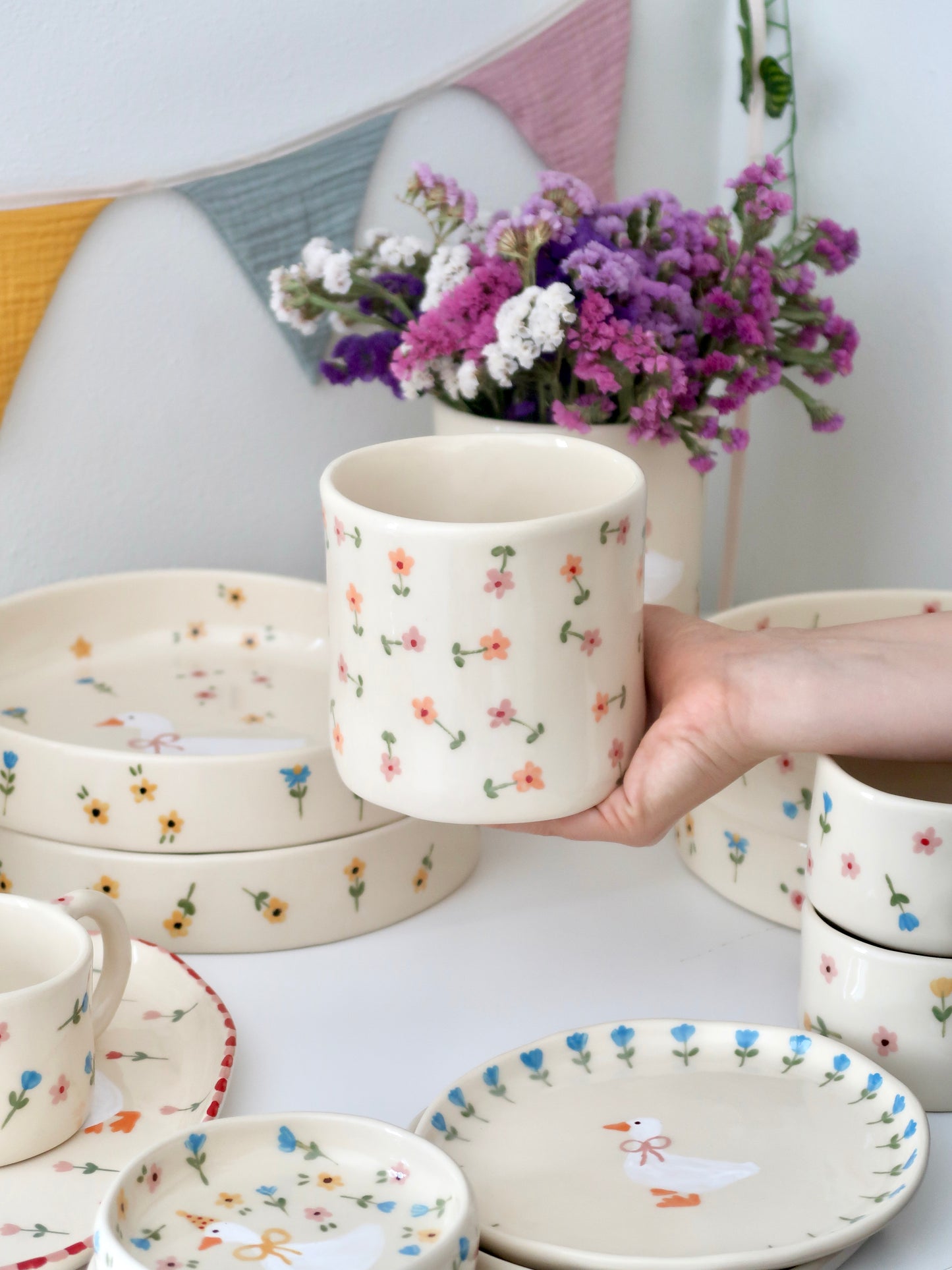 Pot with orange and pink flowers