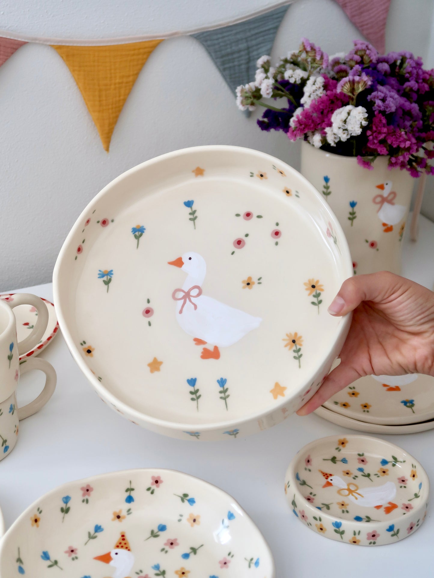 Bowl with a duck and multicolor flowers - big size