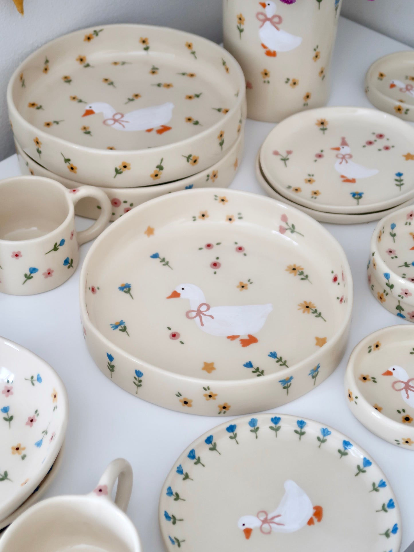 Bowl with a duck and multicolor flowers - big size