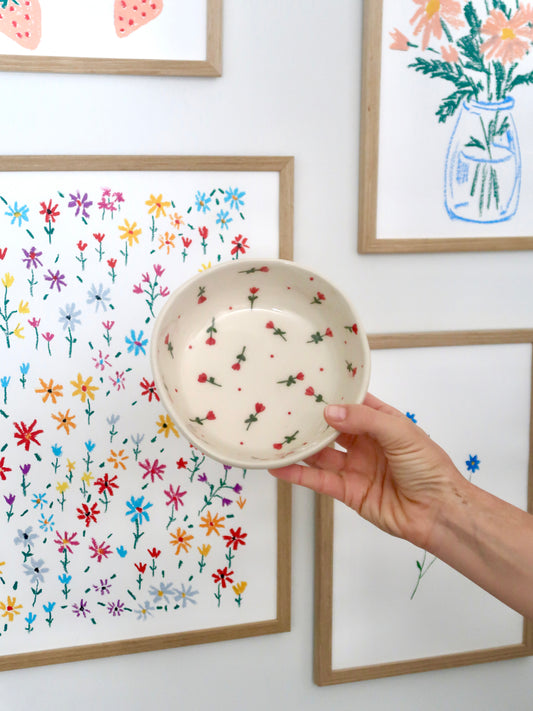 Bowl with red flowers and red dots