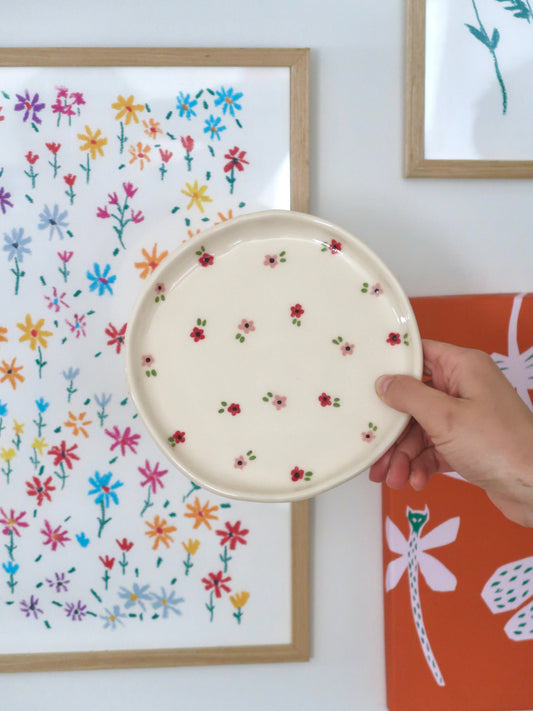 Breakfast/ dessert plate with pink and red flowers