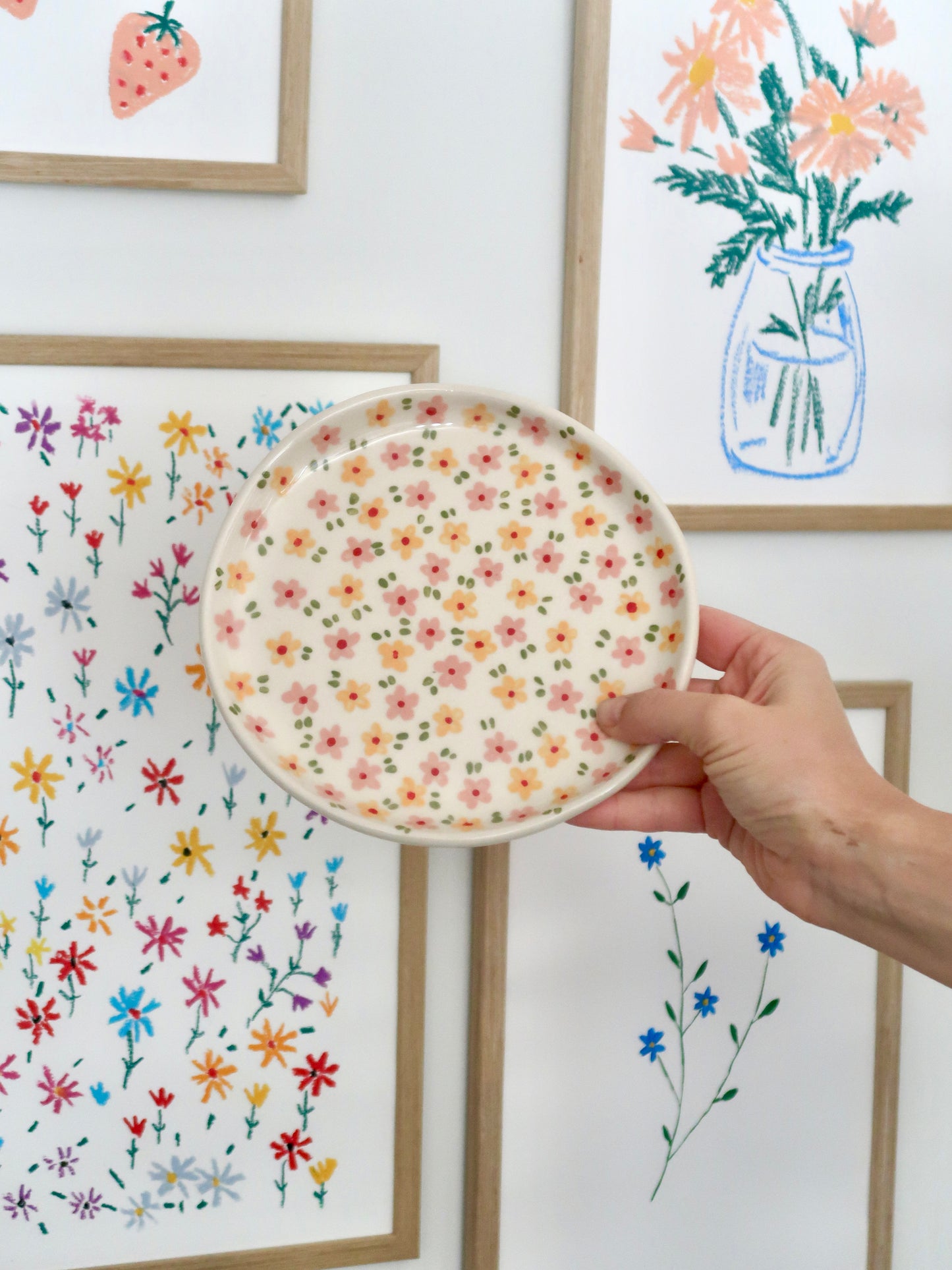 Breakfast/ dessert plate with yellow and pink flowers