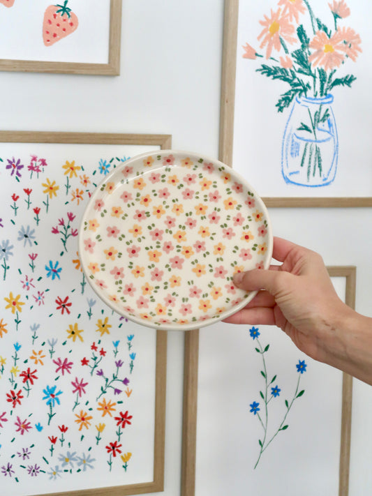 Breakfast/ dessert plate with yellow and pink flowers