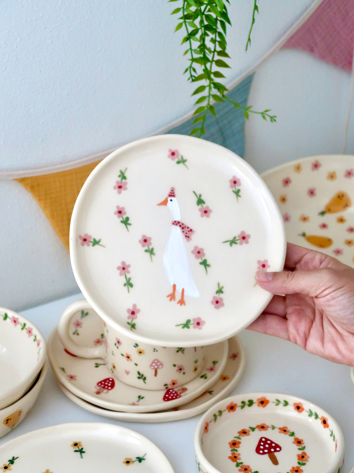 Breakfast/Dessert plate with a duck and pink flowers