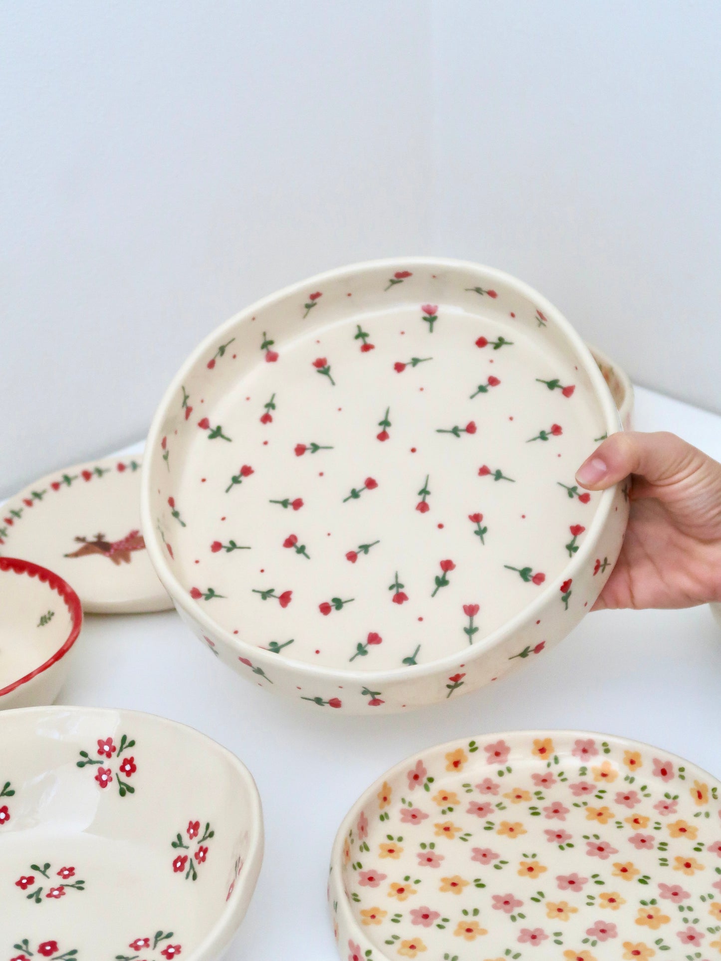 Large bowl with red flowers and red dots