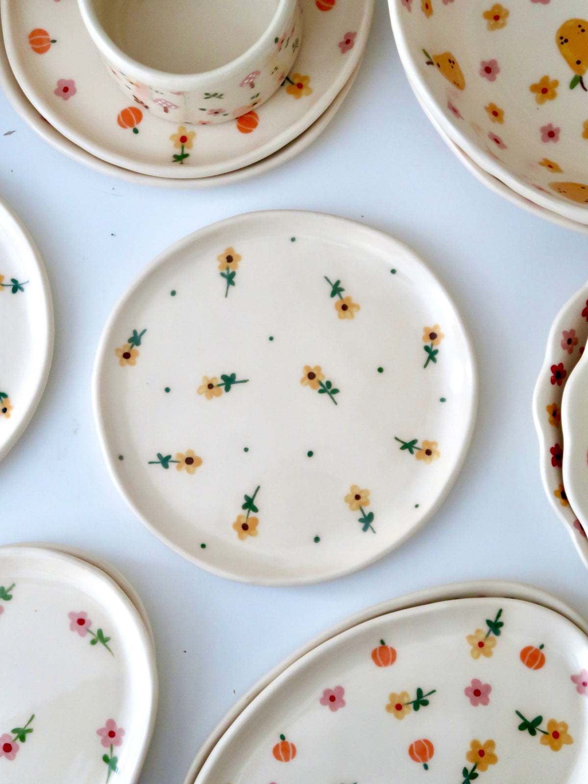 Breakfast/Dessert plate with yellow flowers and green dots
