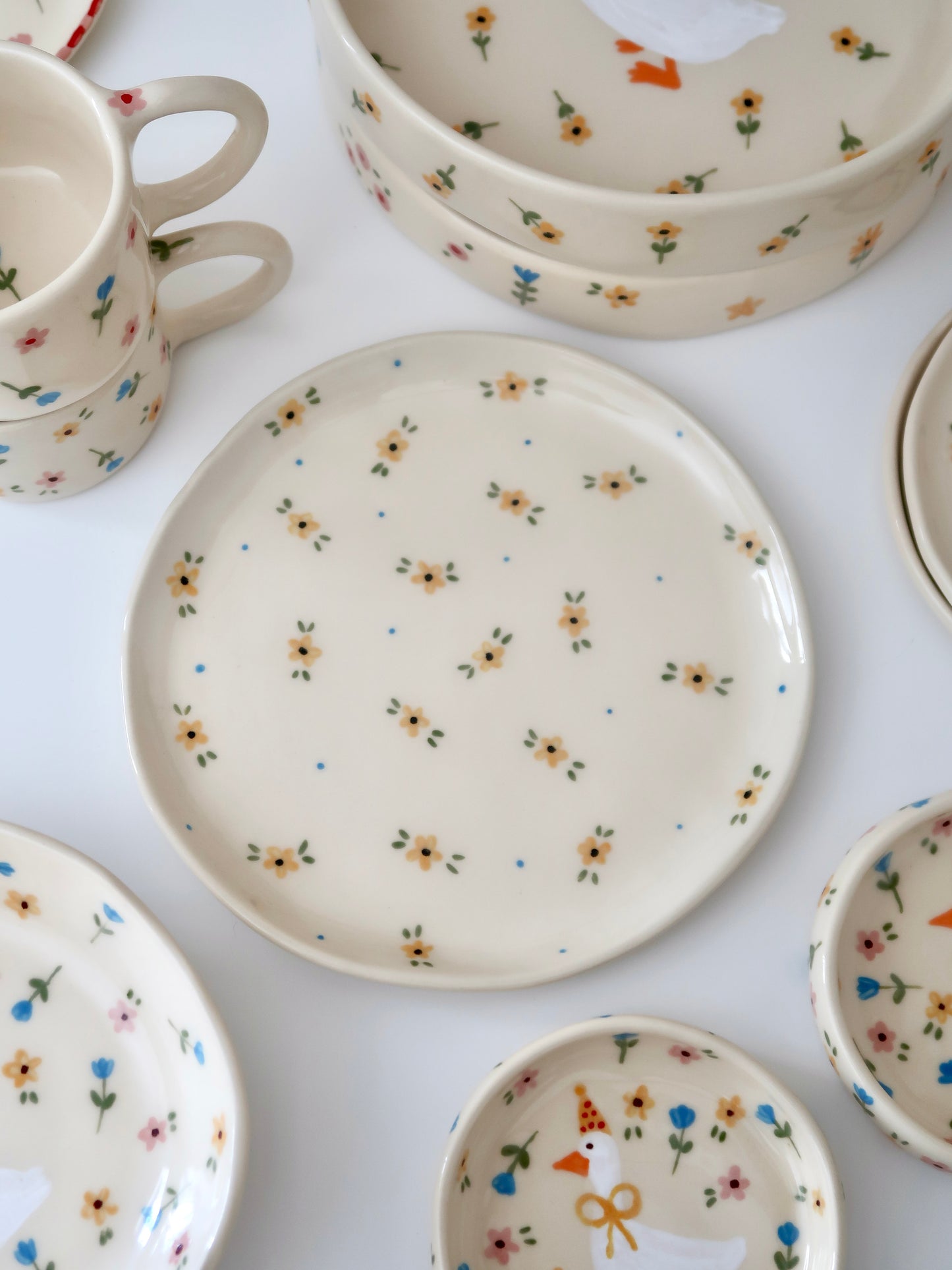 Plate with yellow flowers and blue dots