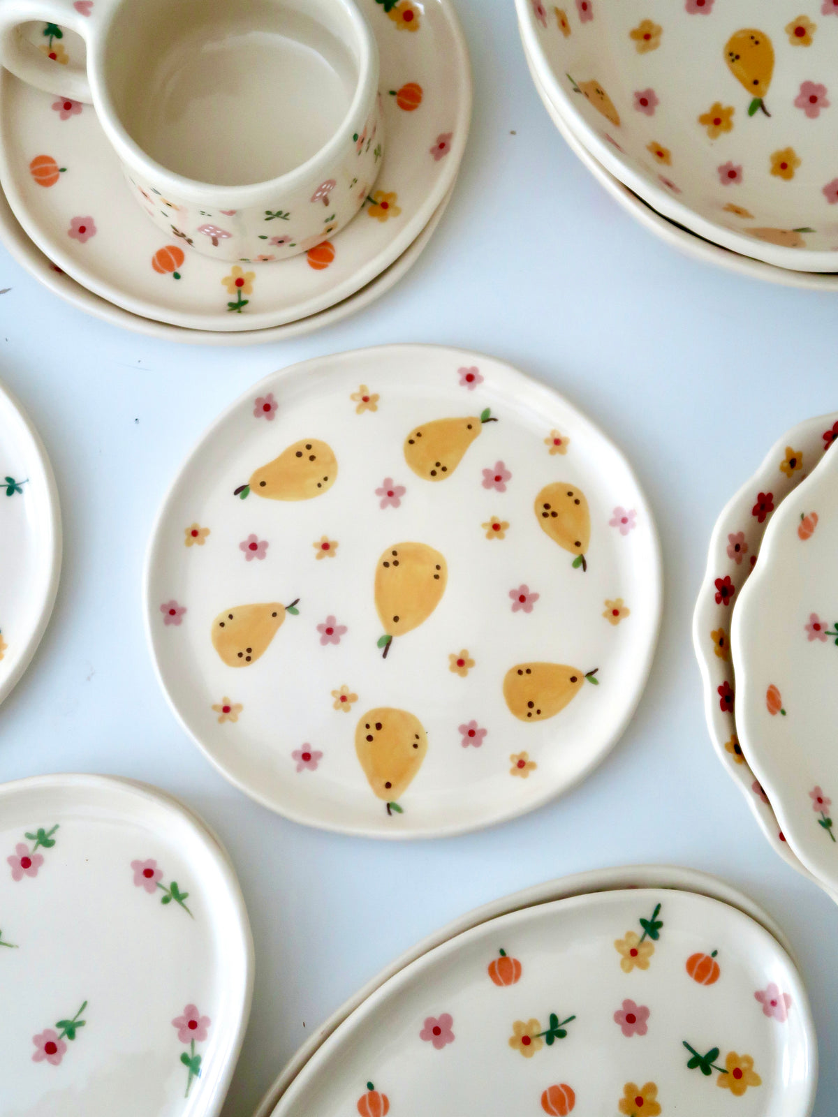 Breakfast/Dessert plate with pears, yellow and pink flowers