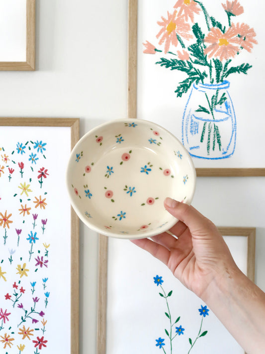Bowl with pink and blue flowers