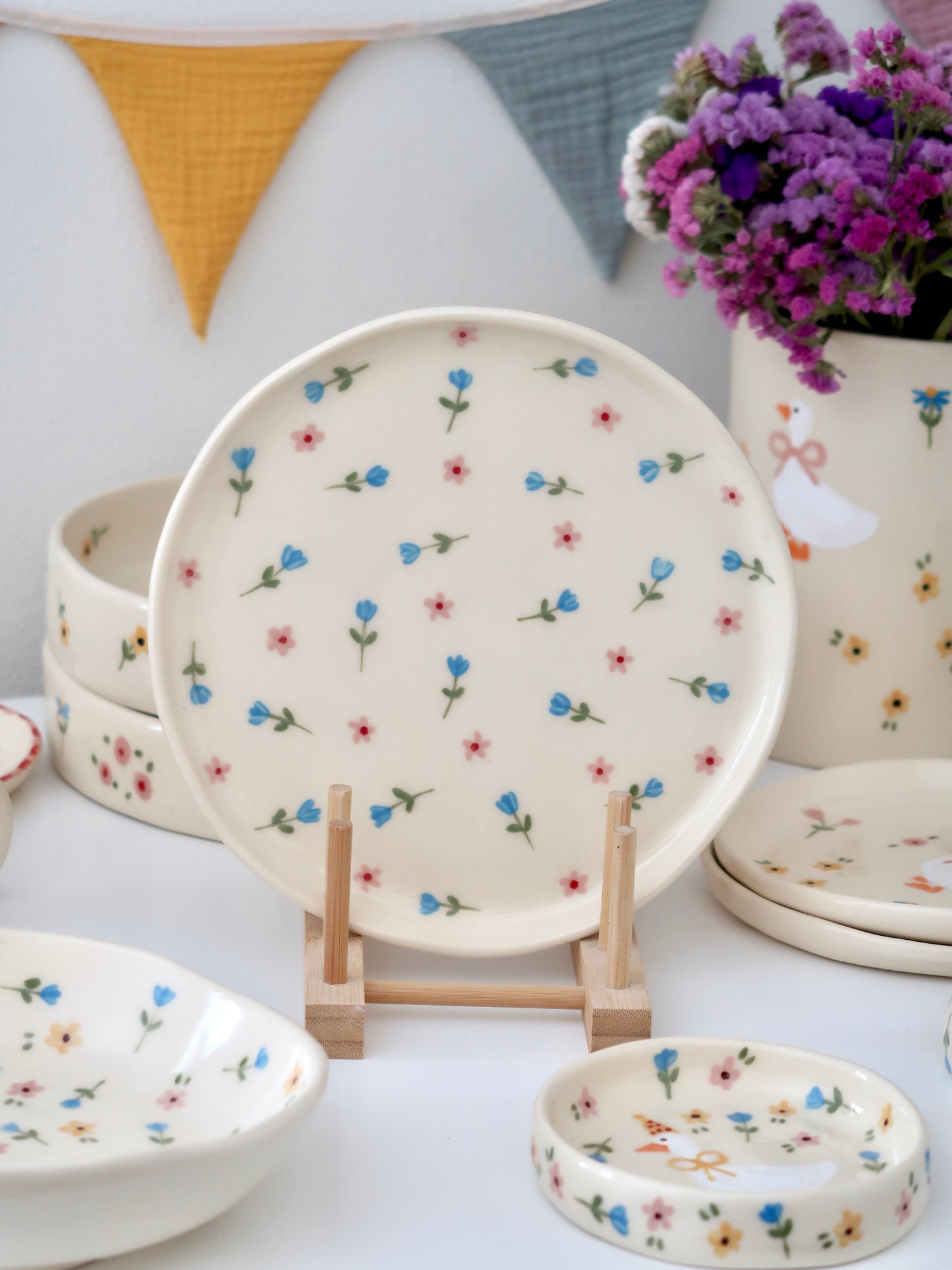 Plate with blue and pink flowers