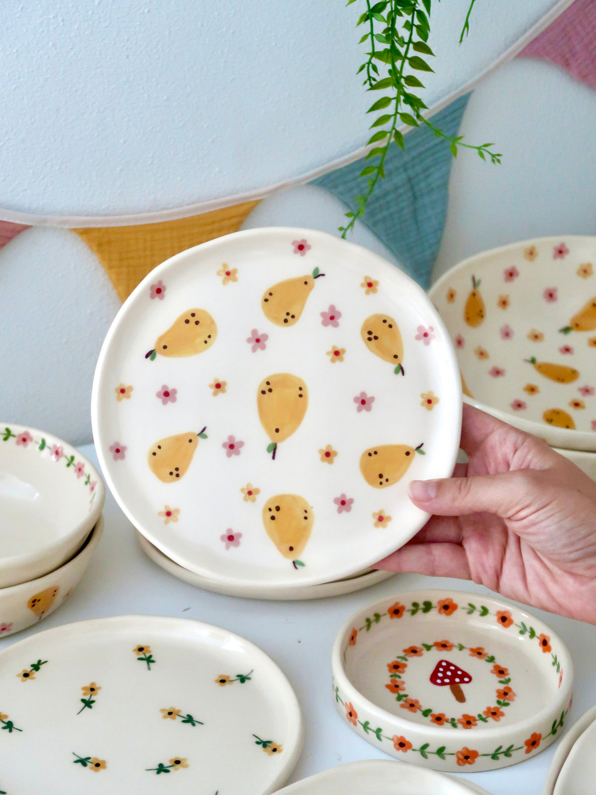 Breakfast/Dessert plate with pears, yellow and pink flowers
