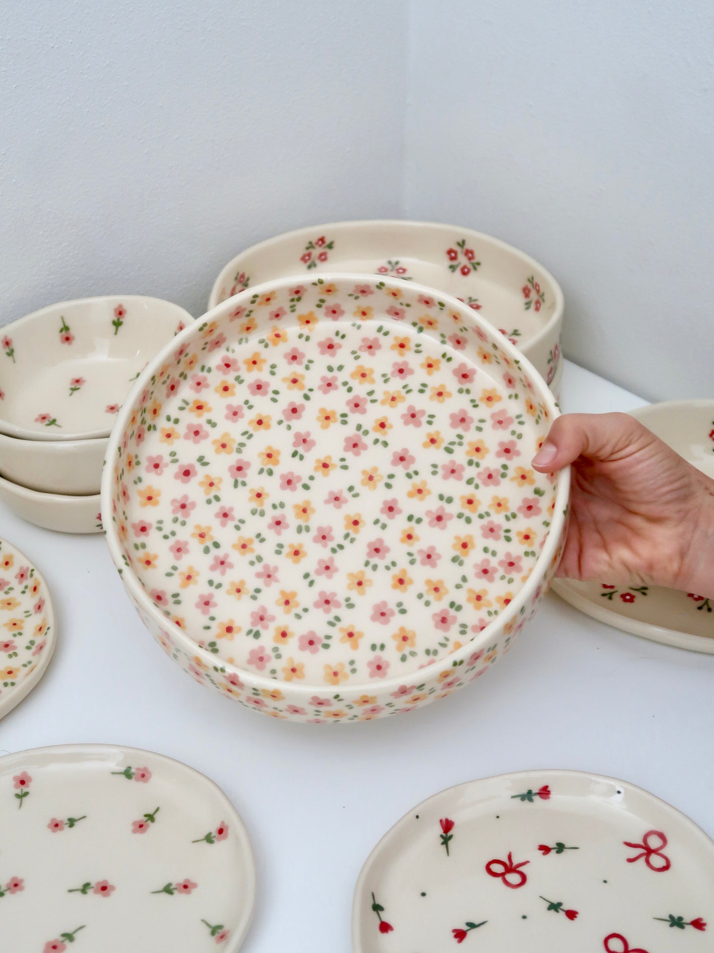 Small imperfection - Large bowl with yellow and pink flowers