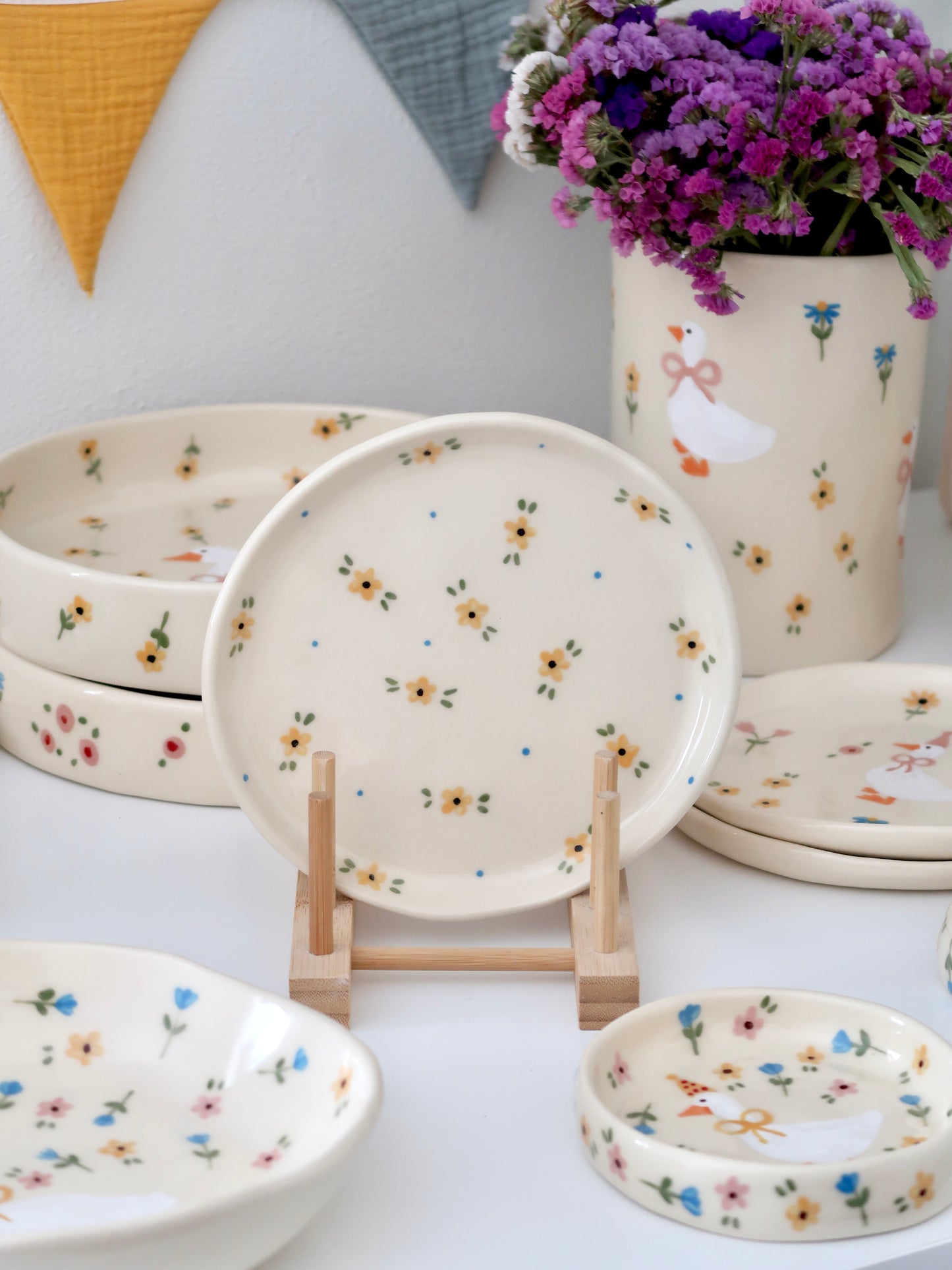 Breakfast/dessert plate with yellow flowers and blue dots