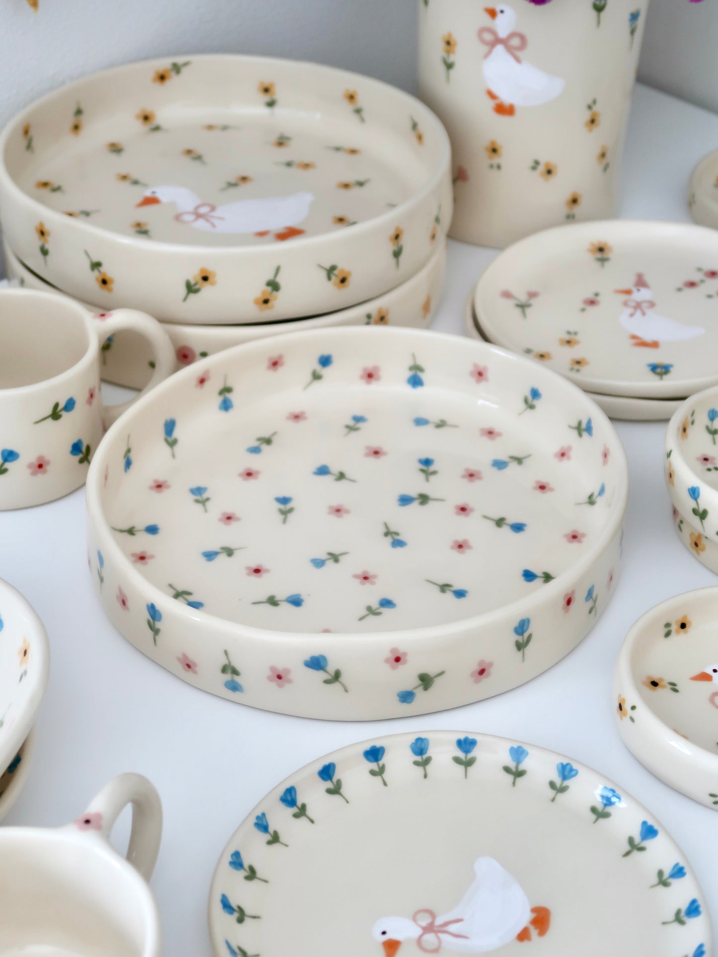 Bowl with blue and pink flowers - big size