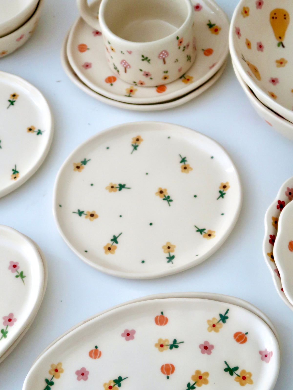 Breakfast/Dessert plate with yellow flowers and green dots