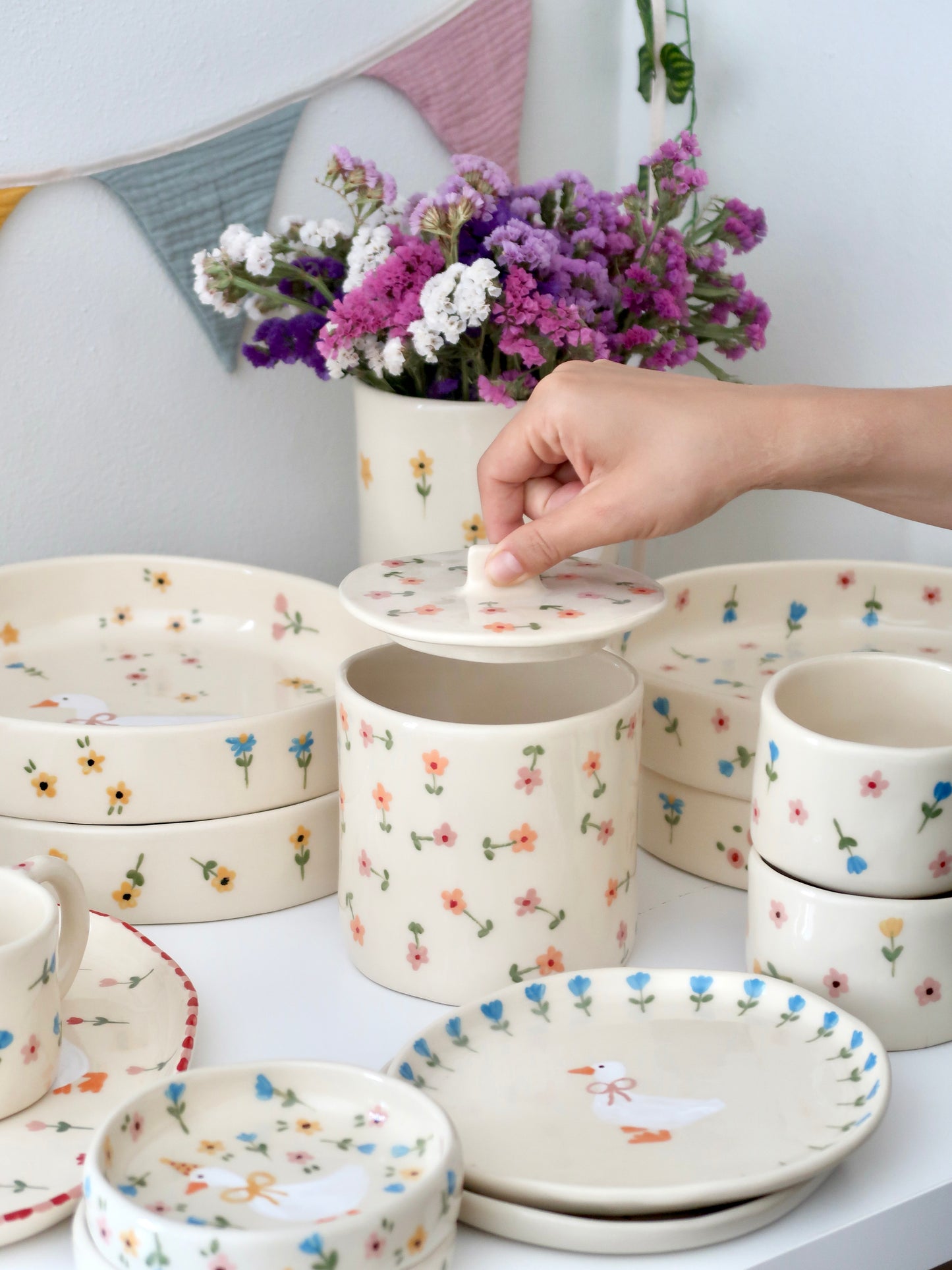 Pot with orange and pink flowers
