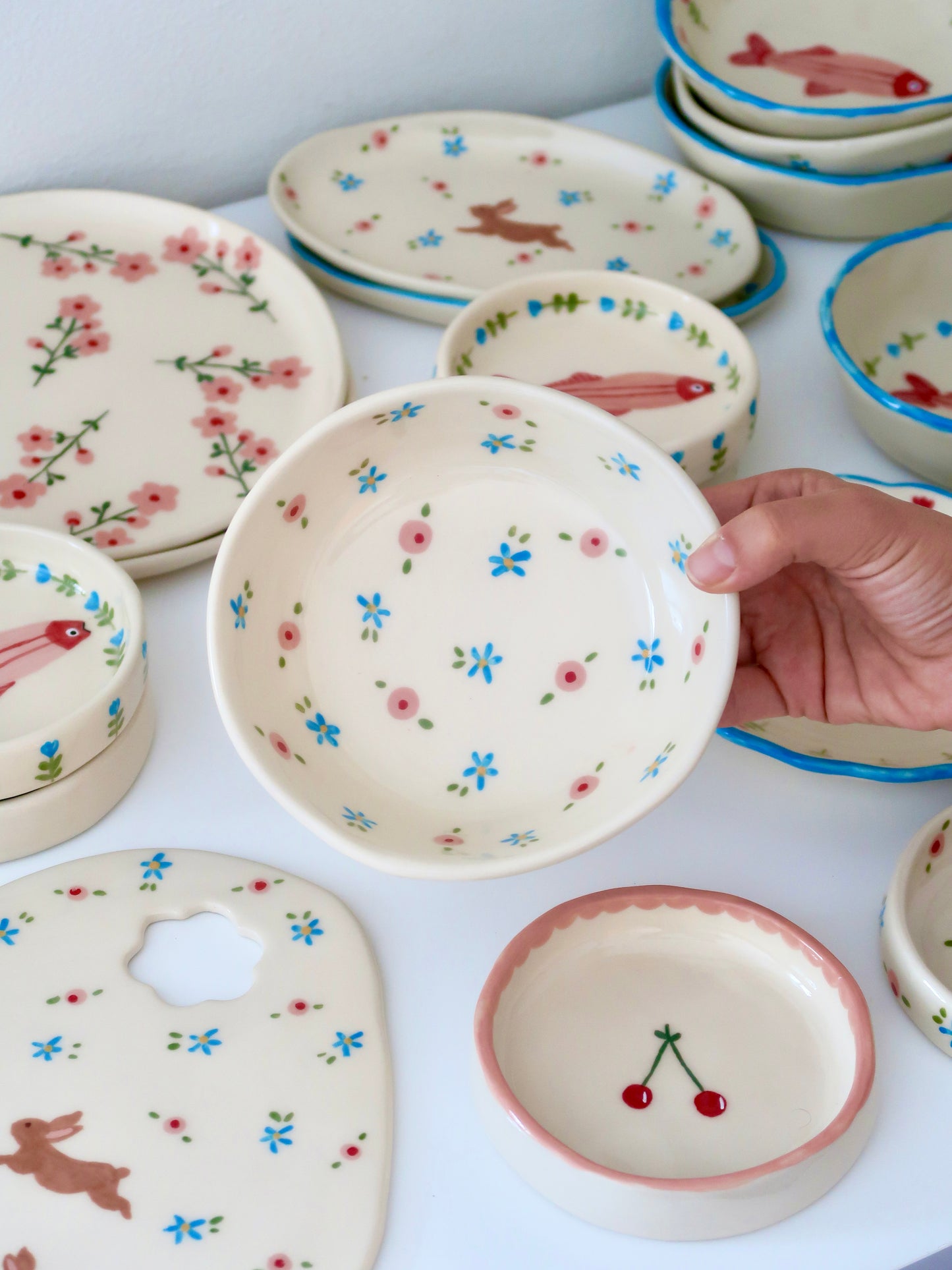 Bowl with pink and blue flowers