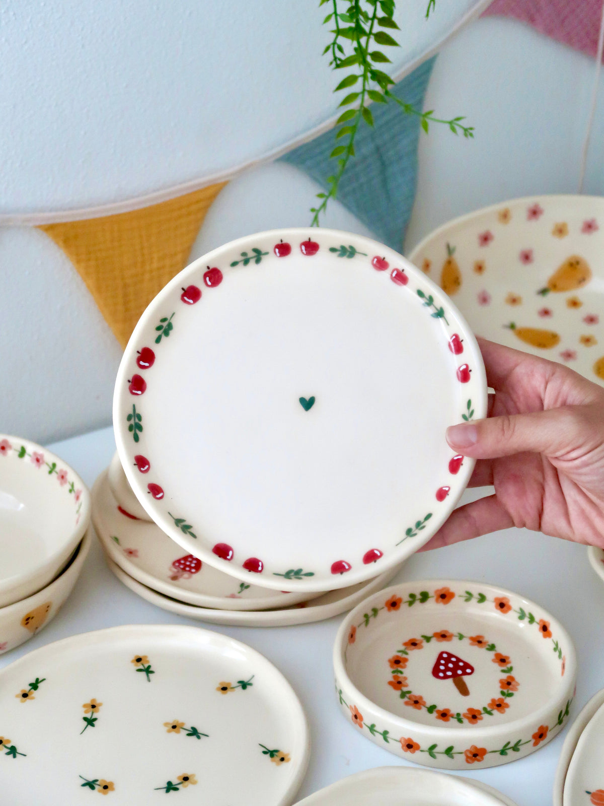 Breakfast/Dessert plate with an apple and green flowers