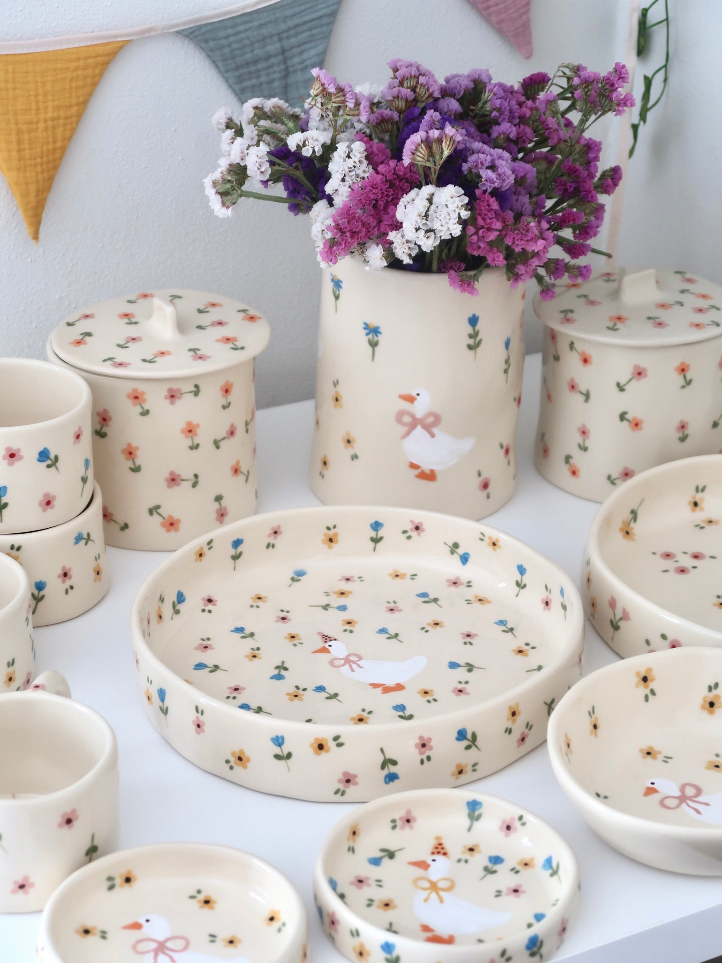 Bowl with a duck and multicolor flowers - big size