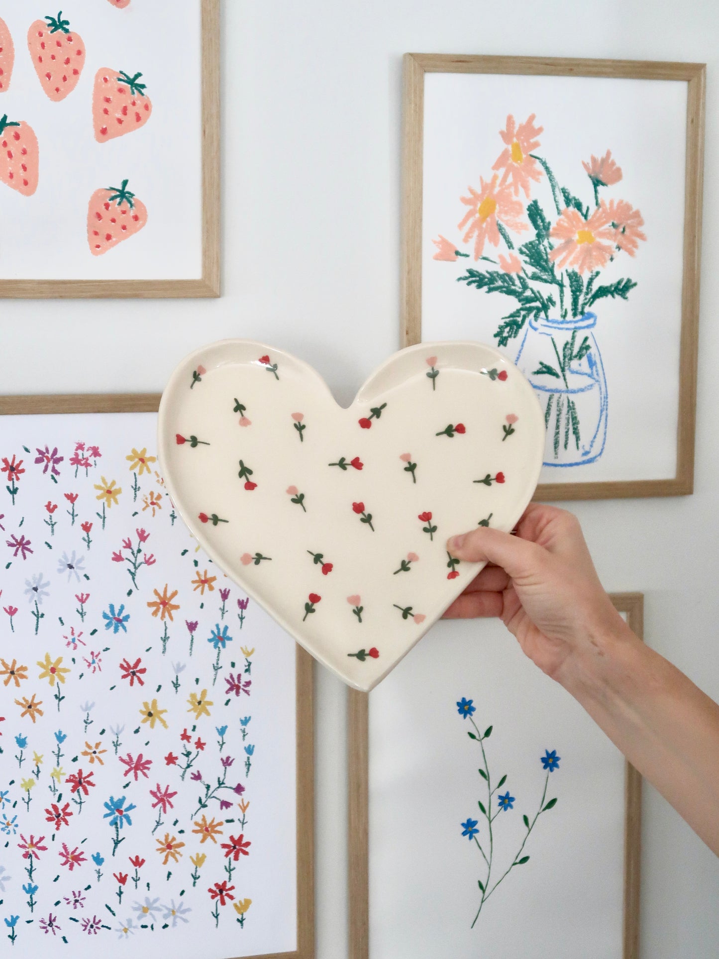 Large heart shaped plate with pink and red flowers